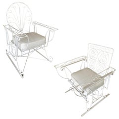 Vintage Iron Wire Patio/Outdoor Slider Rocking Lounge Chair with Scrolling Arms, Pair