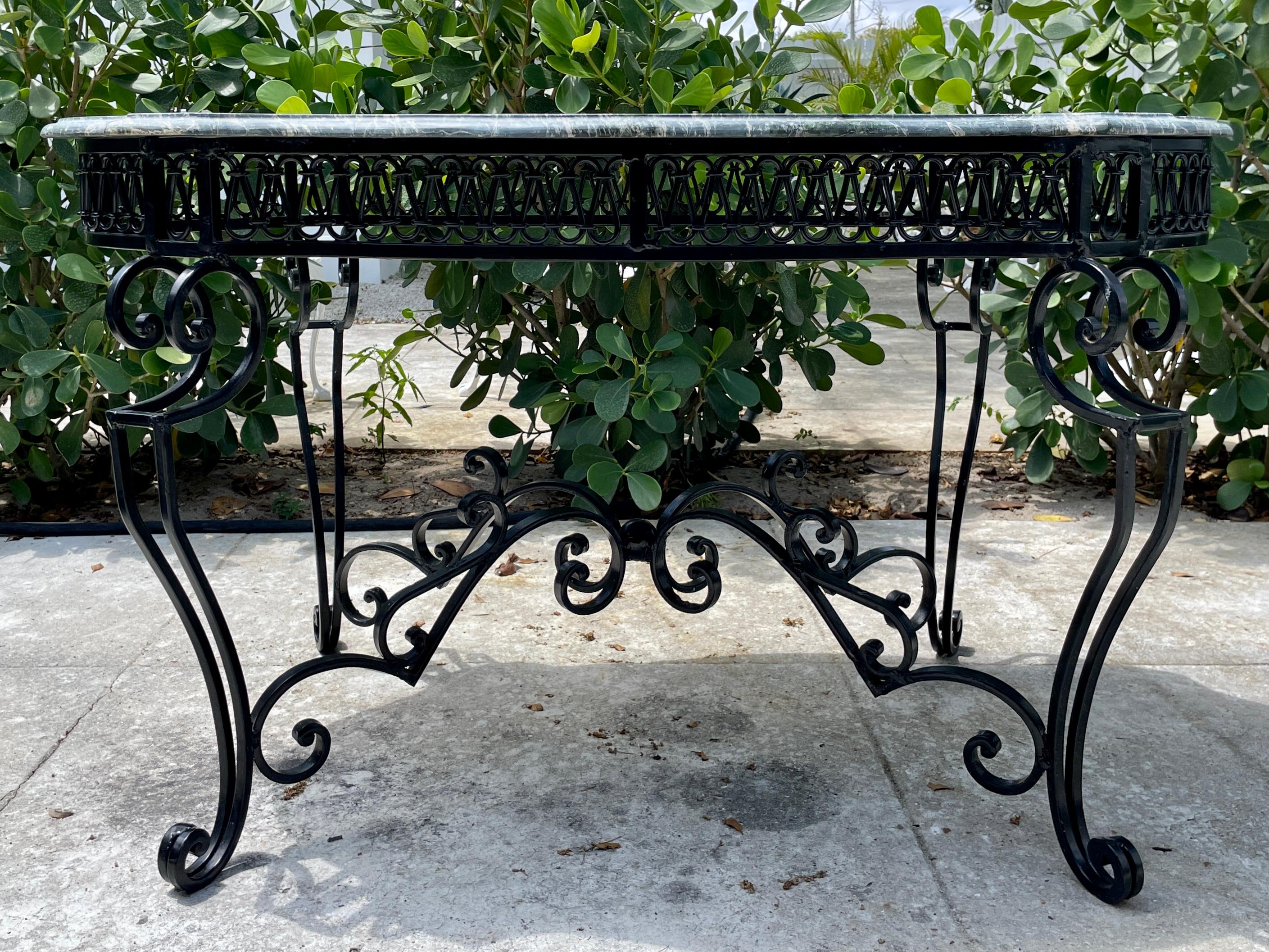 Iron with Marble Top Patio Dining Table in the Classical Style For Sale