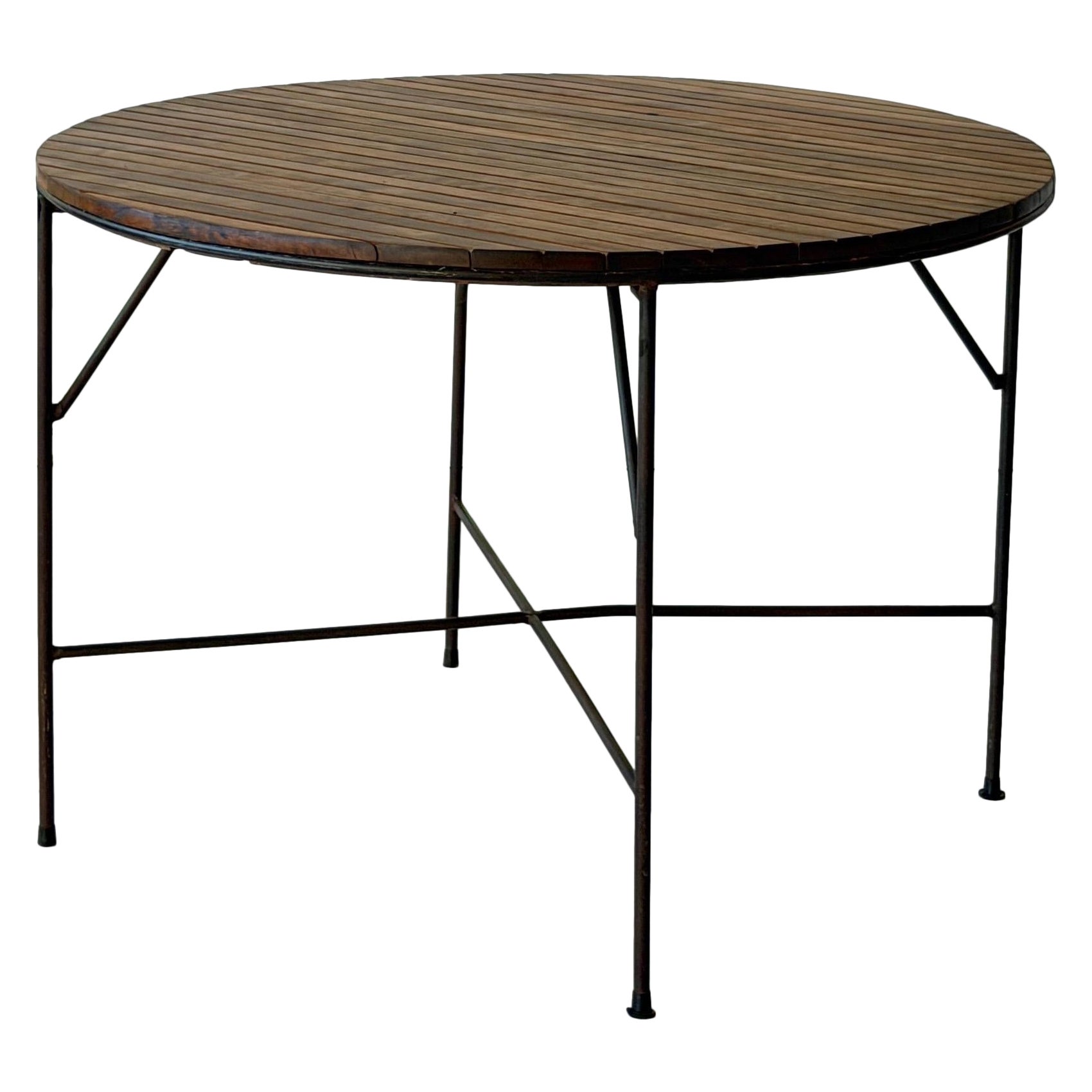 Iron/Wood Slat Circle Dining Table by Arthur Umanoff For Sale