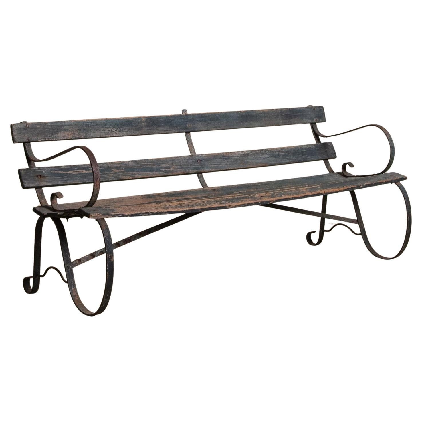 Iron & Wood Slat Park Bench in Aged Teal Paint, 1920's