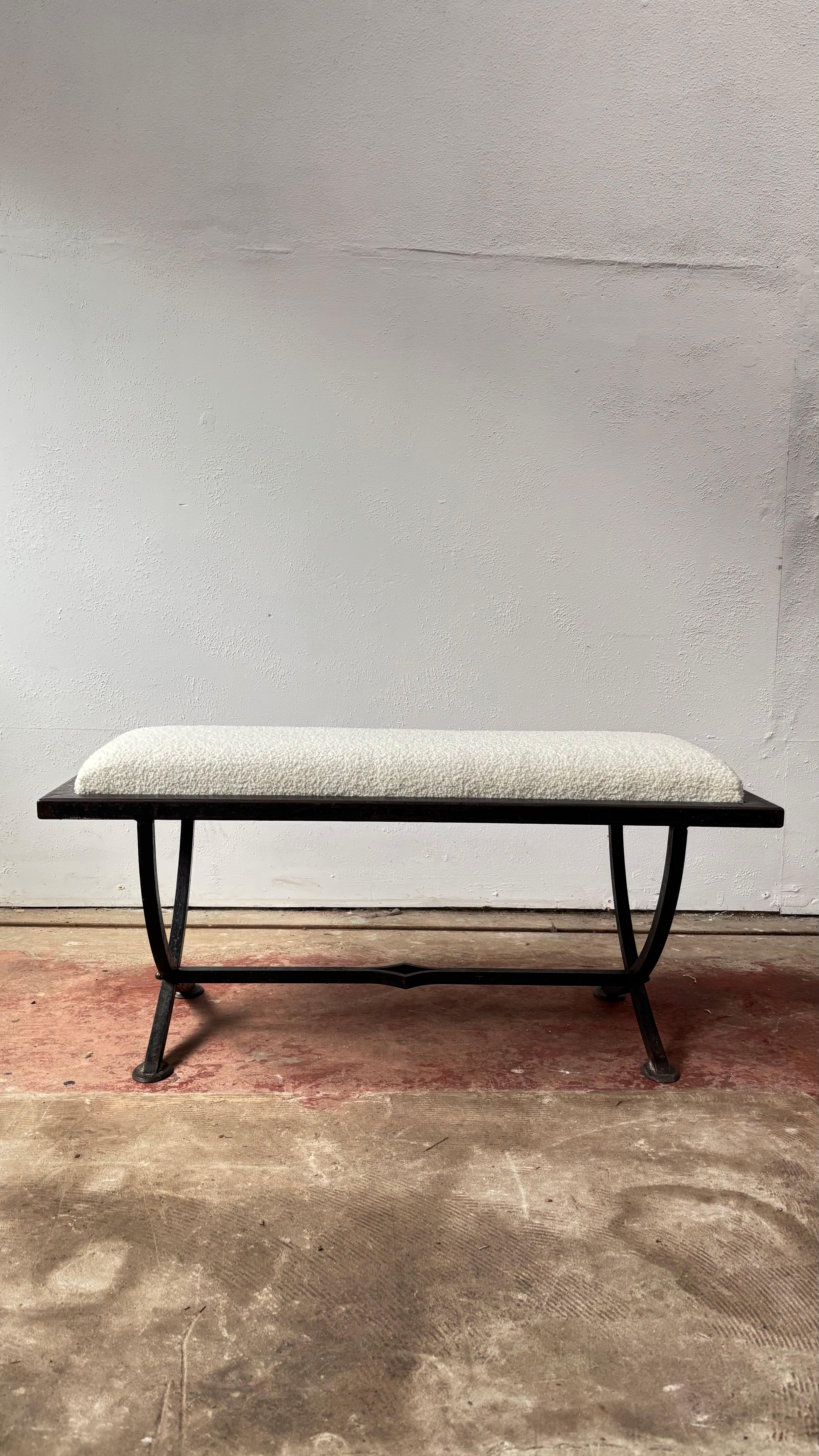 Iron X-Frame Bench With Upholstered Cream Wool Top 4