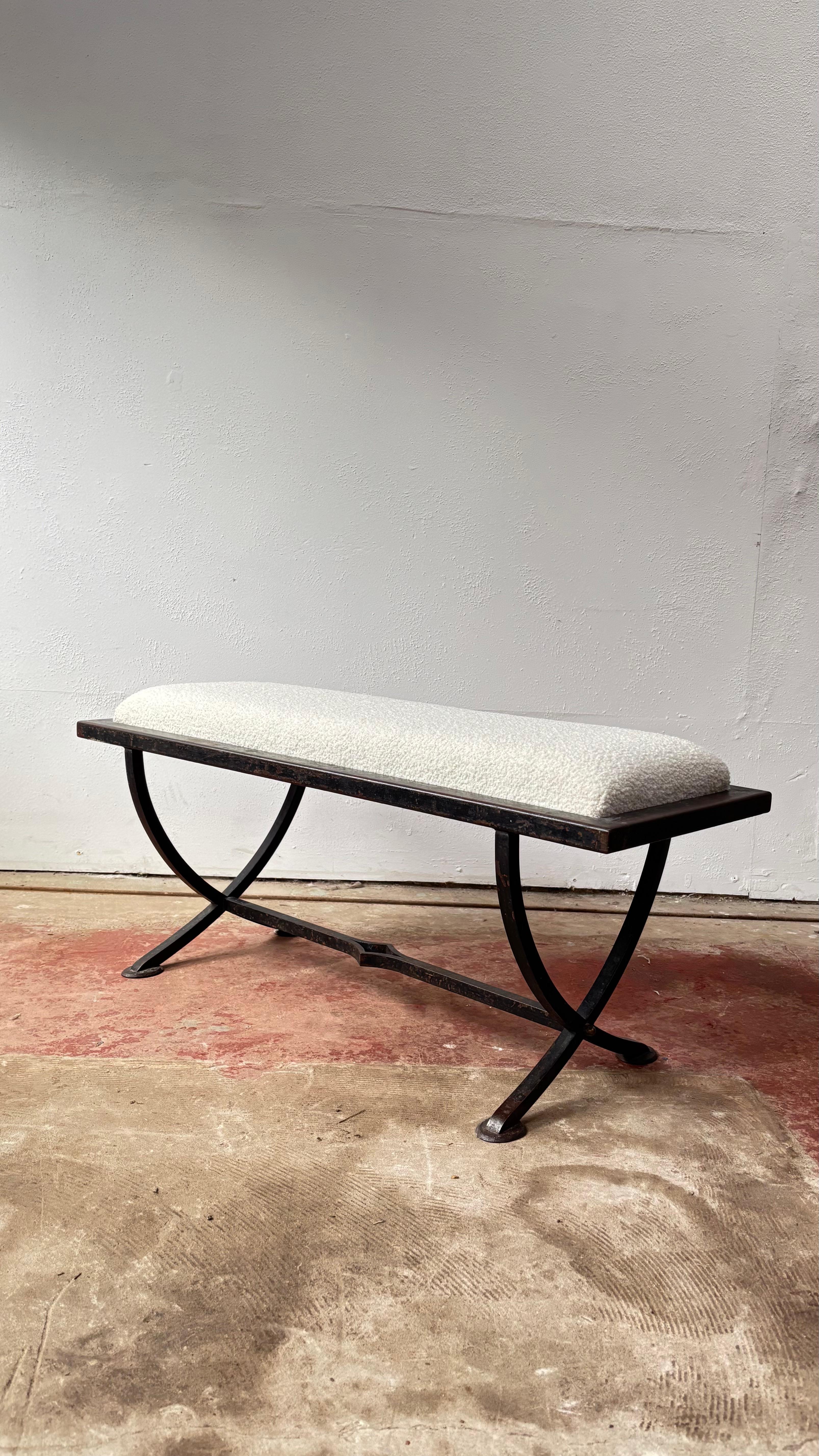 Iron X-Frame Bench With Upholstered Cream Wool Top 5