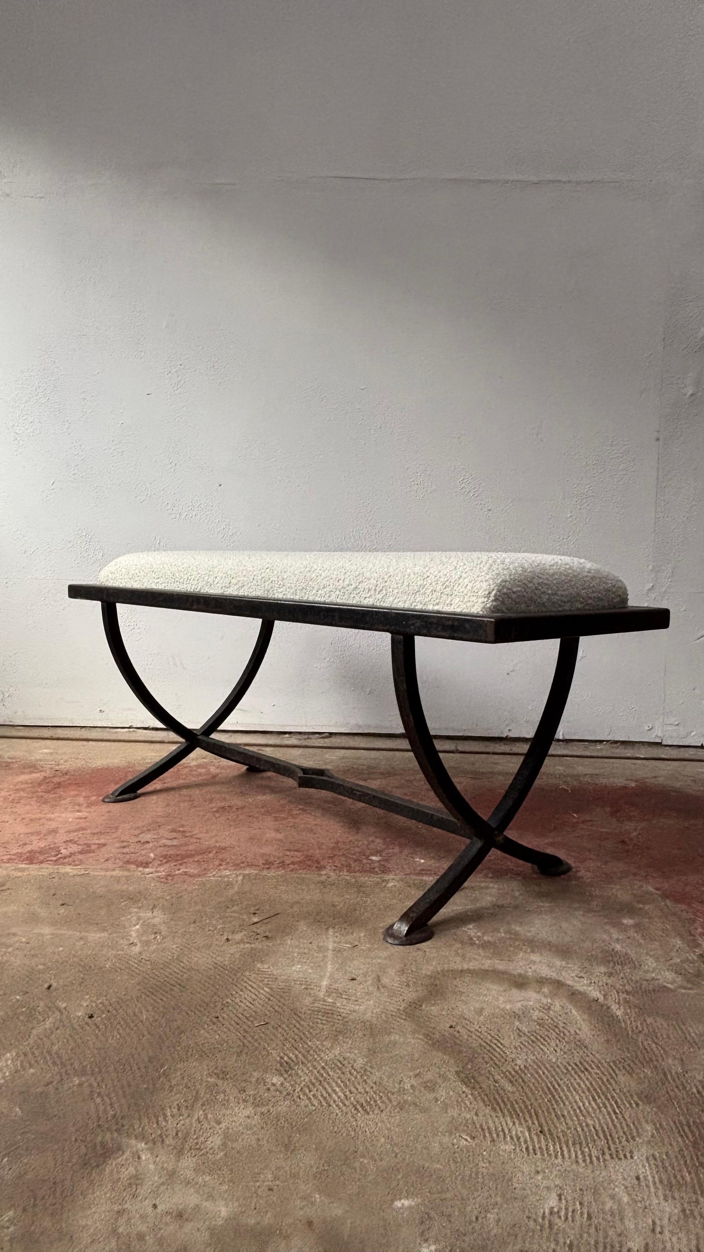 Iron X-Frame Bench With Upholstered Cream Wool Top 6