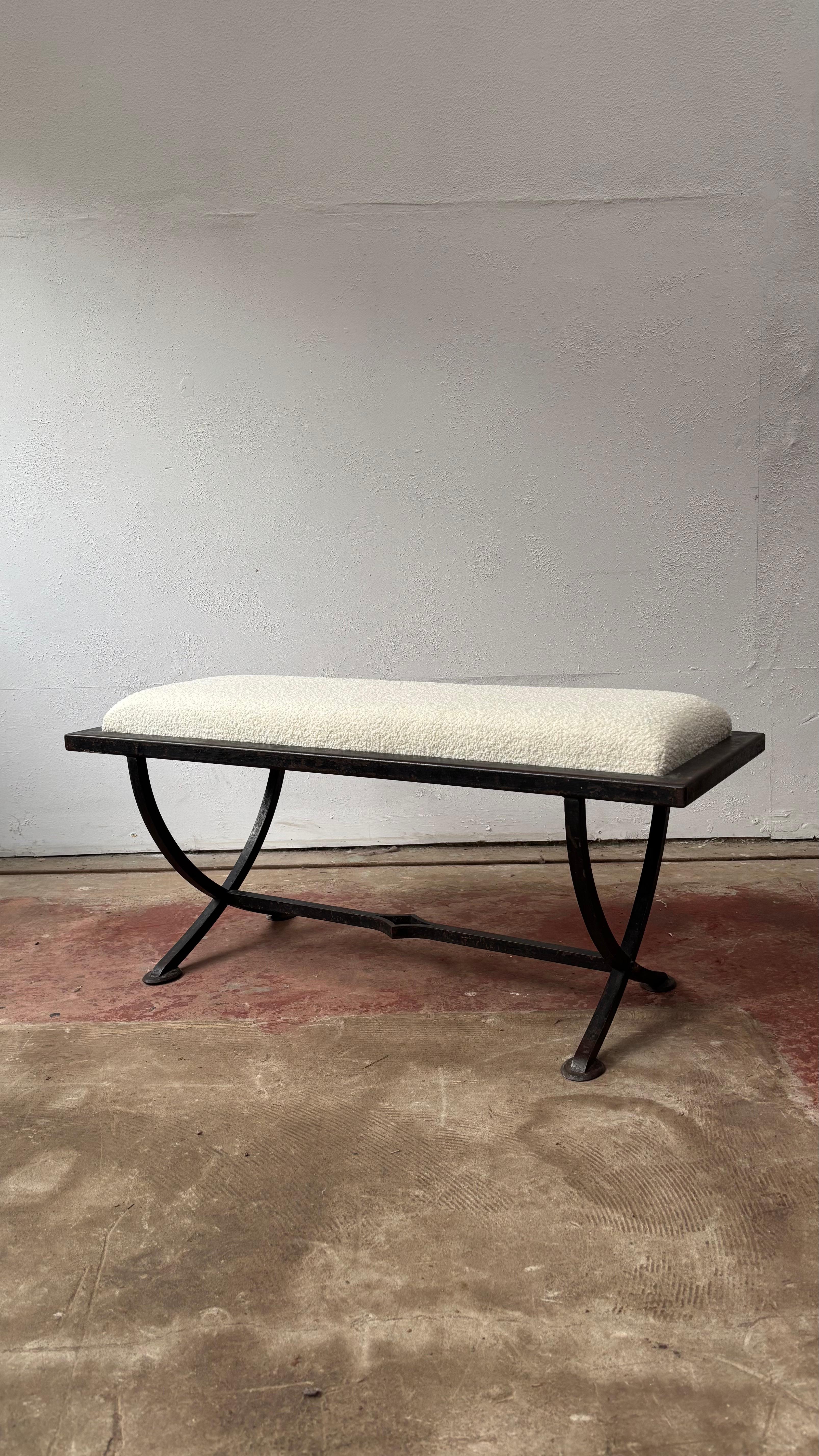 Mid-Century Modern Iron X-Frame Bench With Upholstered Cream Wool Top