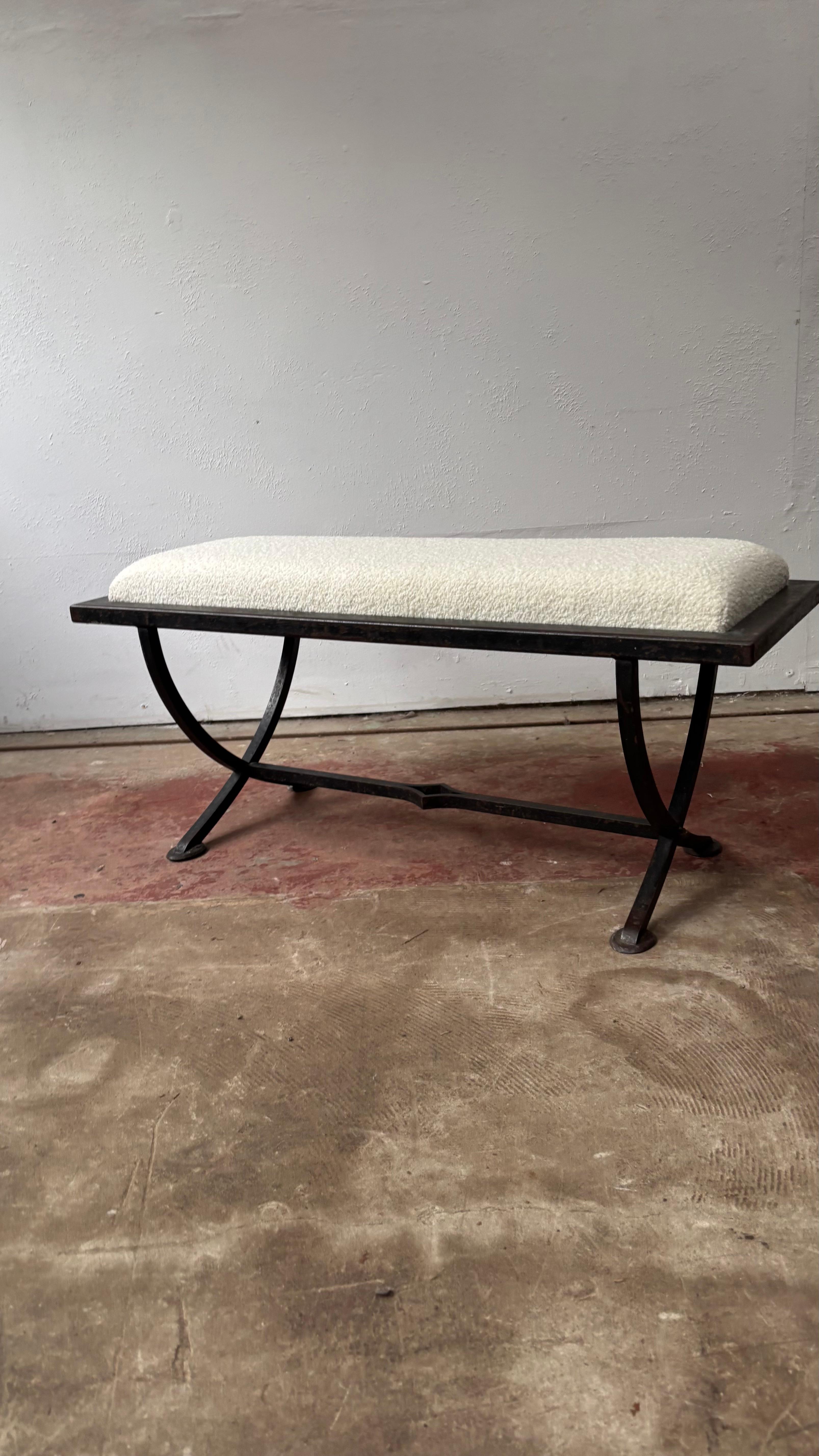 French Iron X-Frame Bench With Upholstered Cream Wool Top