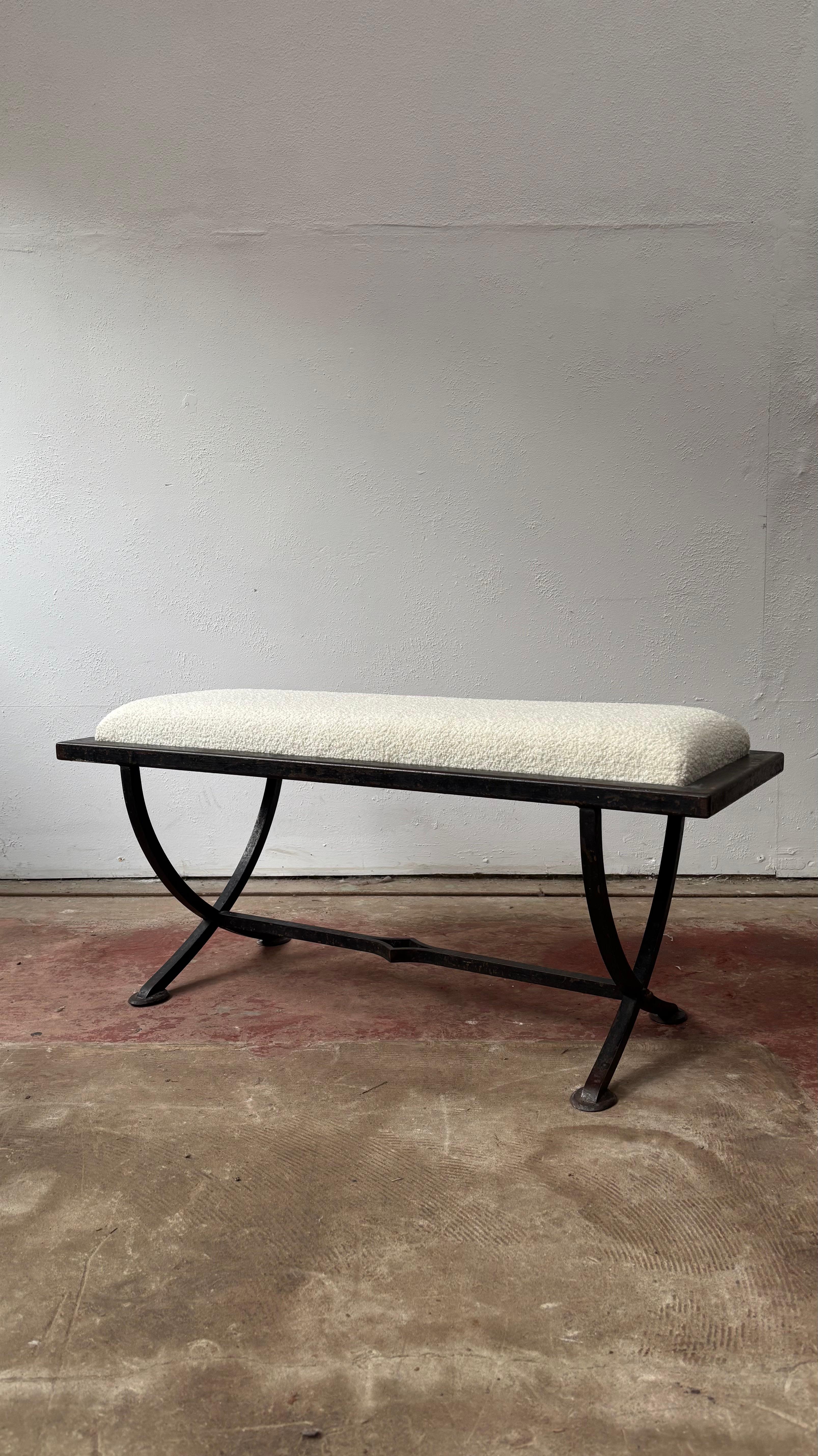 Iron X-Frame Bench With Upholstered Cream Wool Top In Good Condition In Sherborne, GB