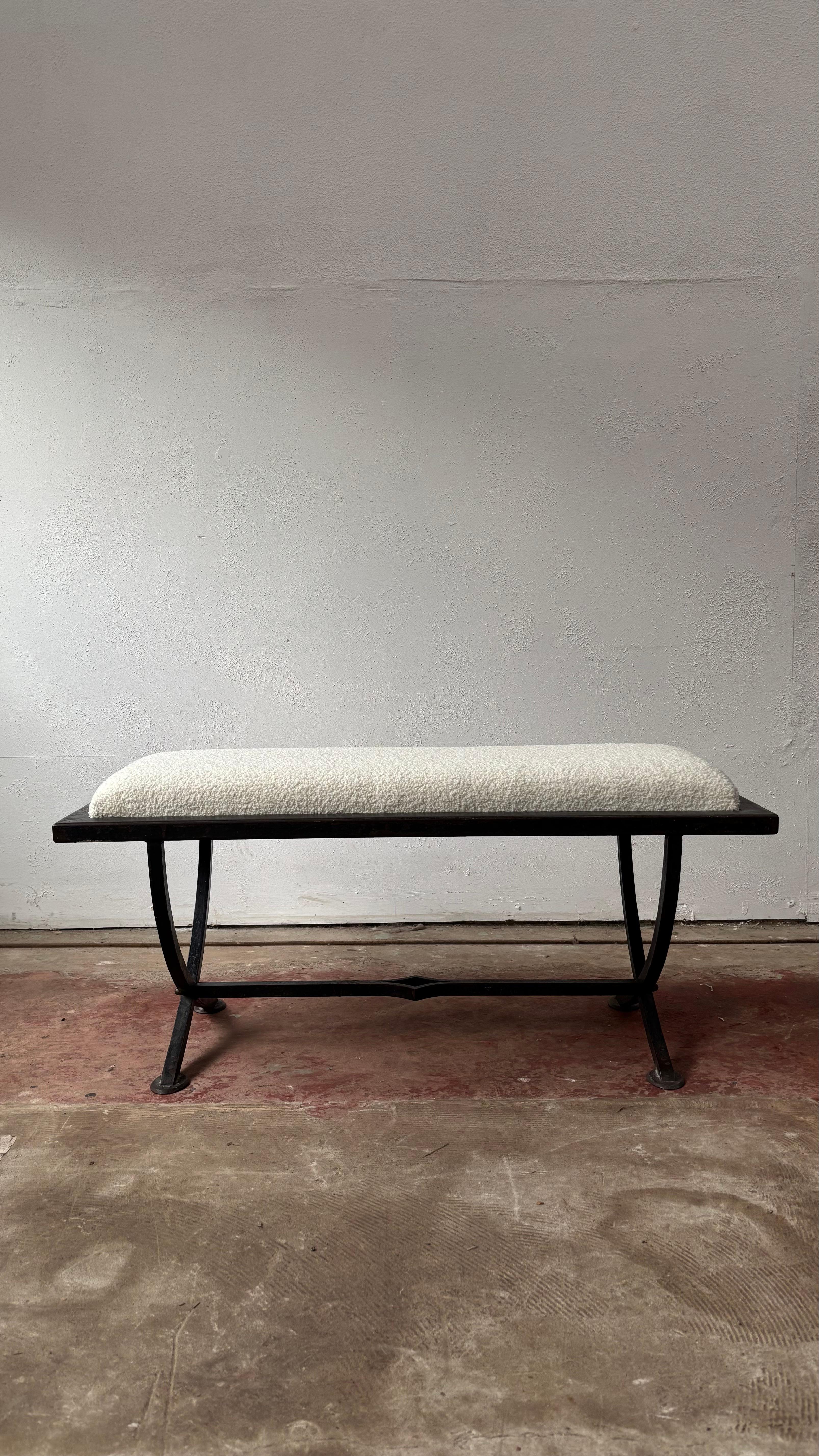 Late 20th Century Iron X-Frame Bench With Upholstered Cream Wool Top