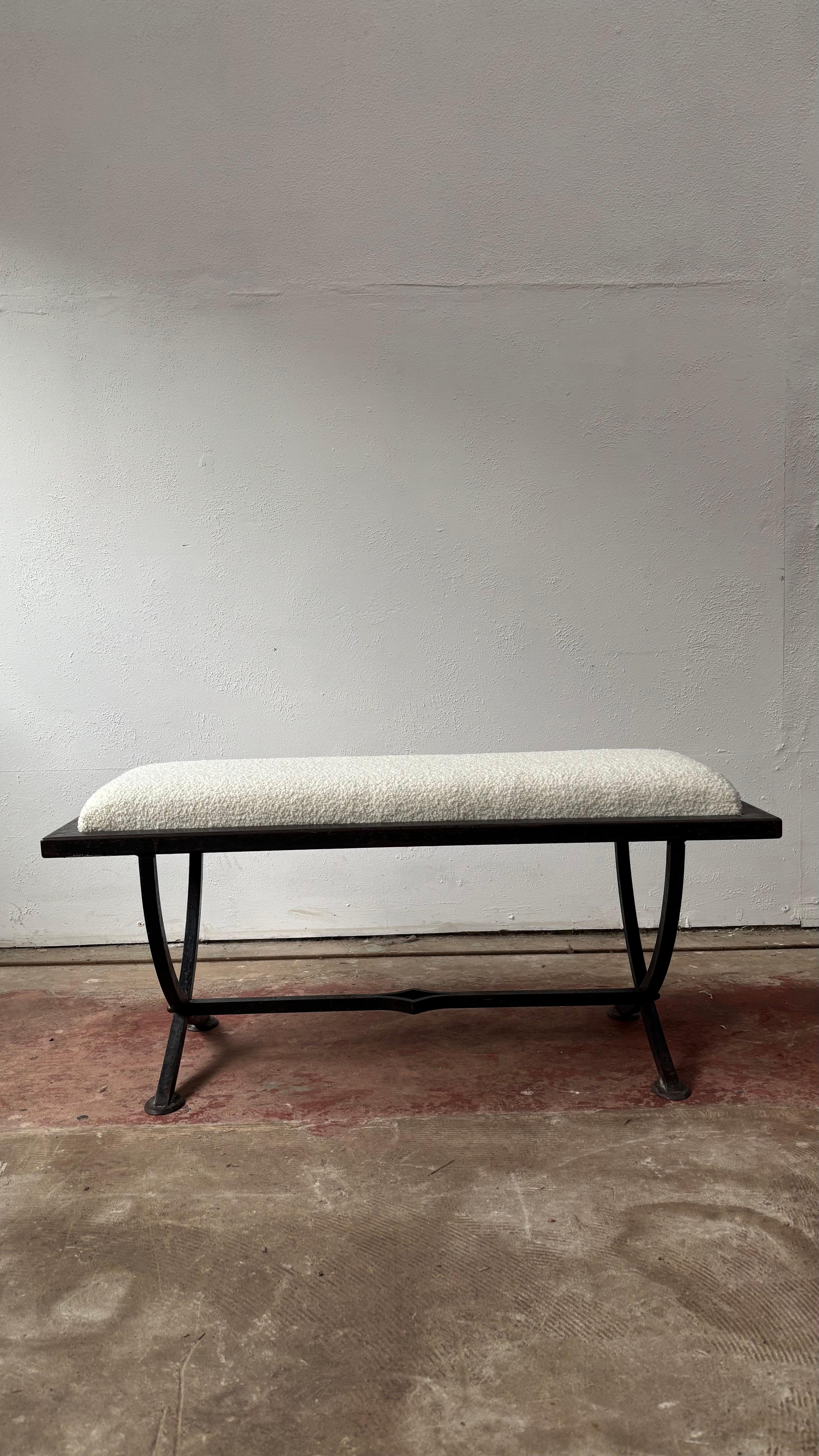 Iron X-Frame Bench With Upholstered Cream Wool Top 1