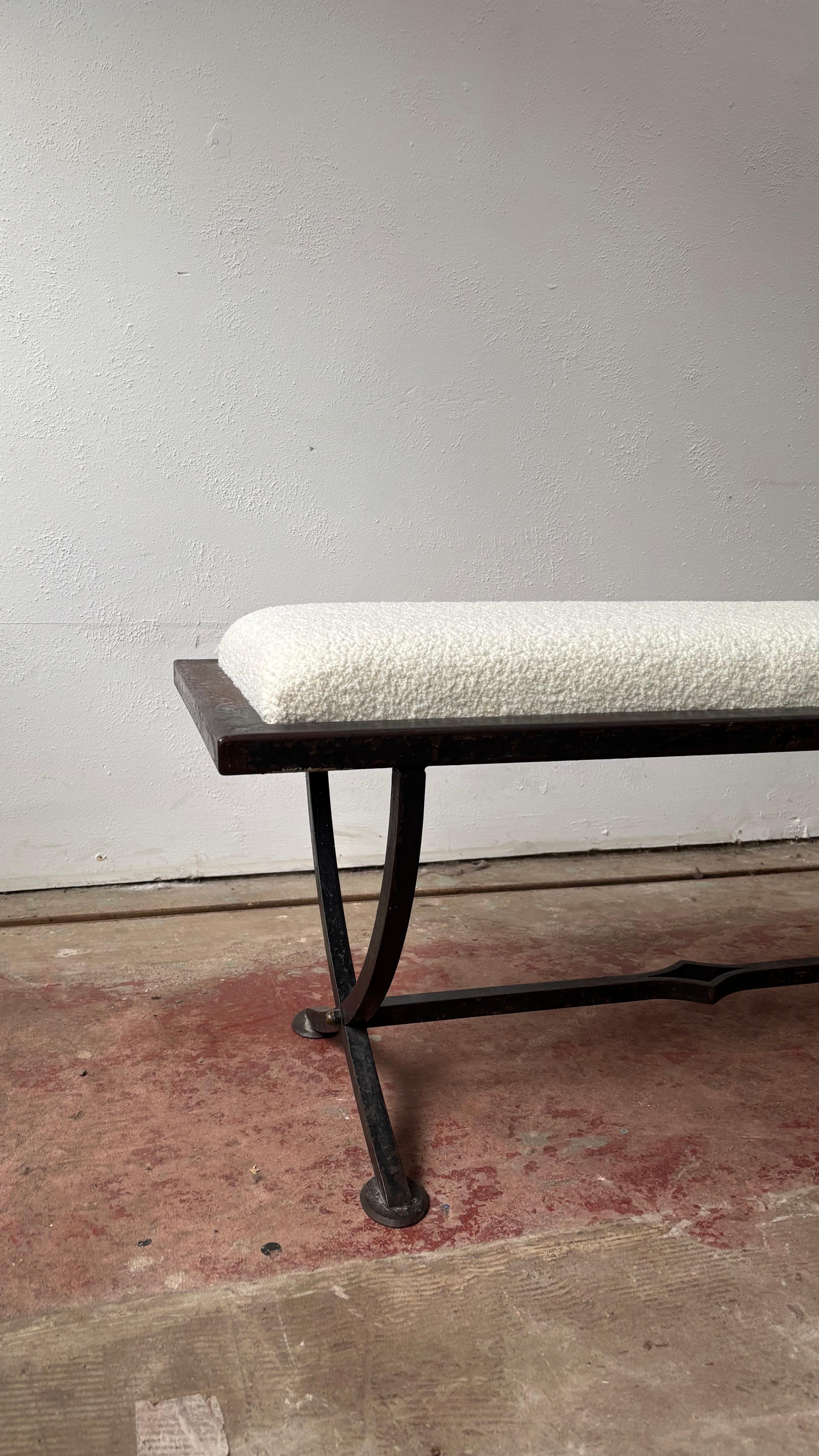 Iron X-Frame Bench With Upholstered Cream Wool Top 2