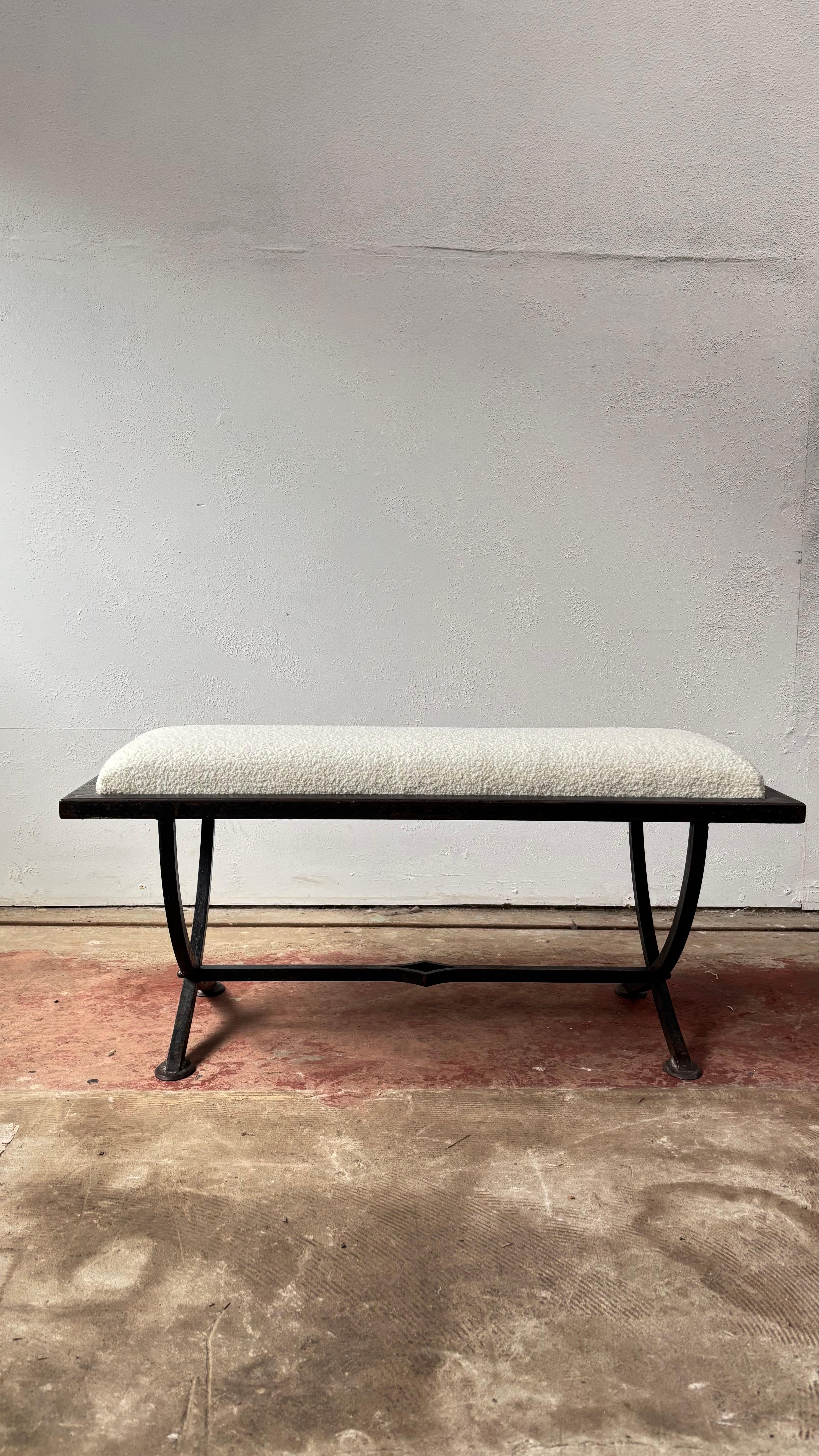 Iron X-Frame Bench With Upholstered Cream Wool Top 3