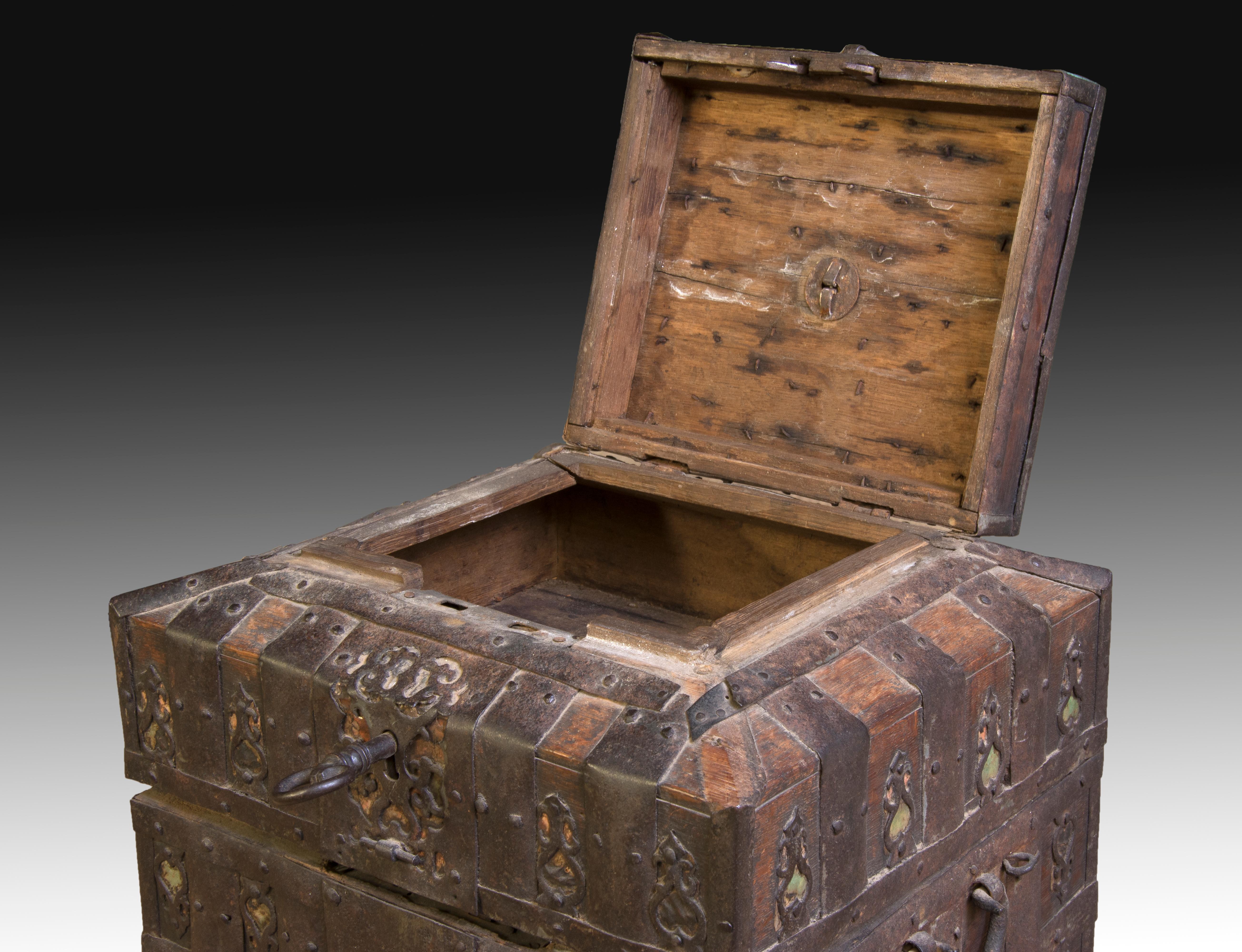 Baroque Ironbound Strongbox or Chest, Wrought Iron, Wood, Possibly Russia, 17th Century