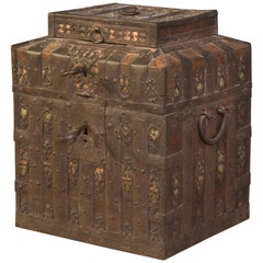Antique Ironbound Strongbox or Chest, Wrought Iron, Wood, Possibly Russia, 17th Century