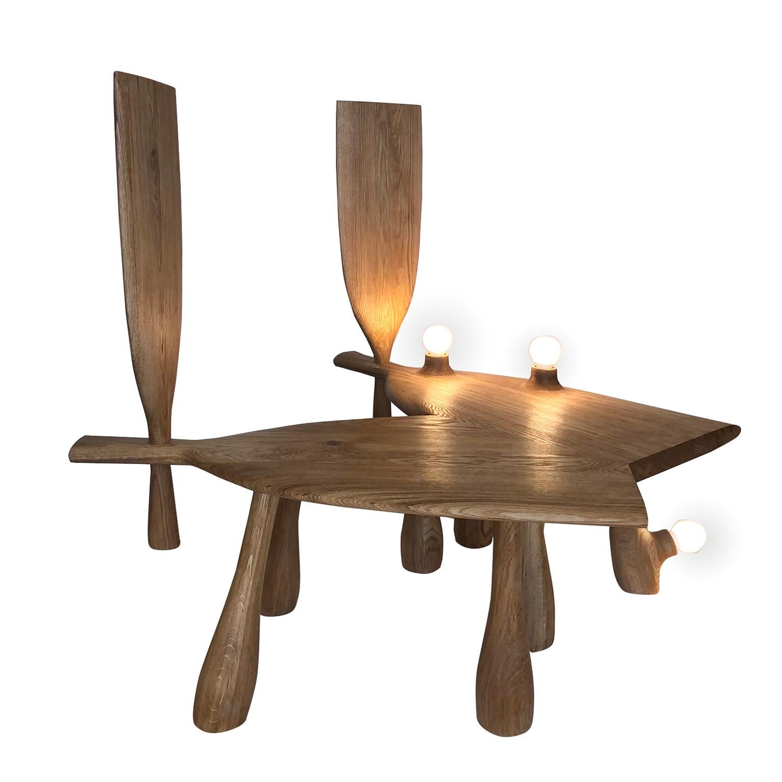 Ironic Minimalist Wooden Bench with Lighting Babushka #5 by Olga Engel For Sale 1