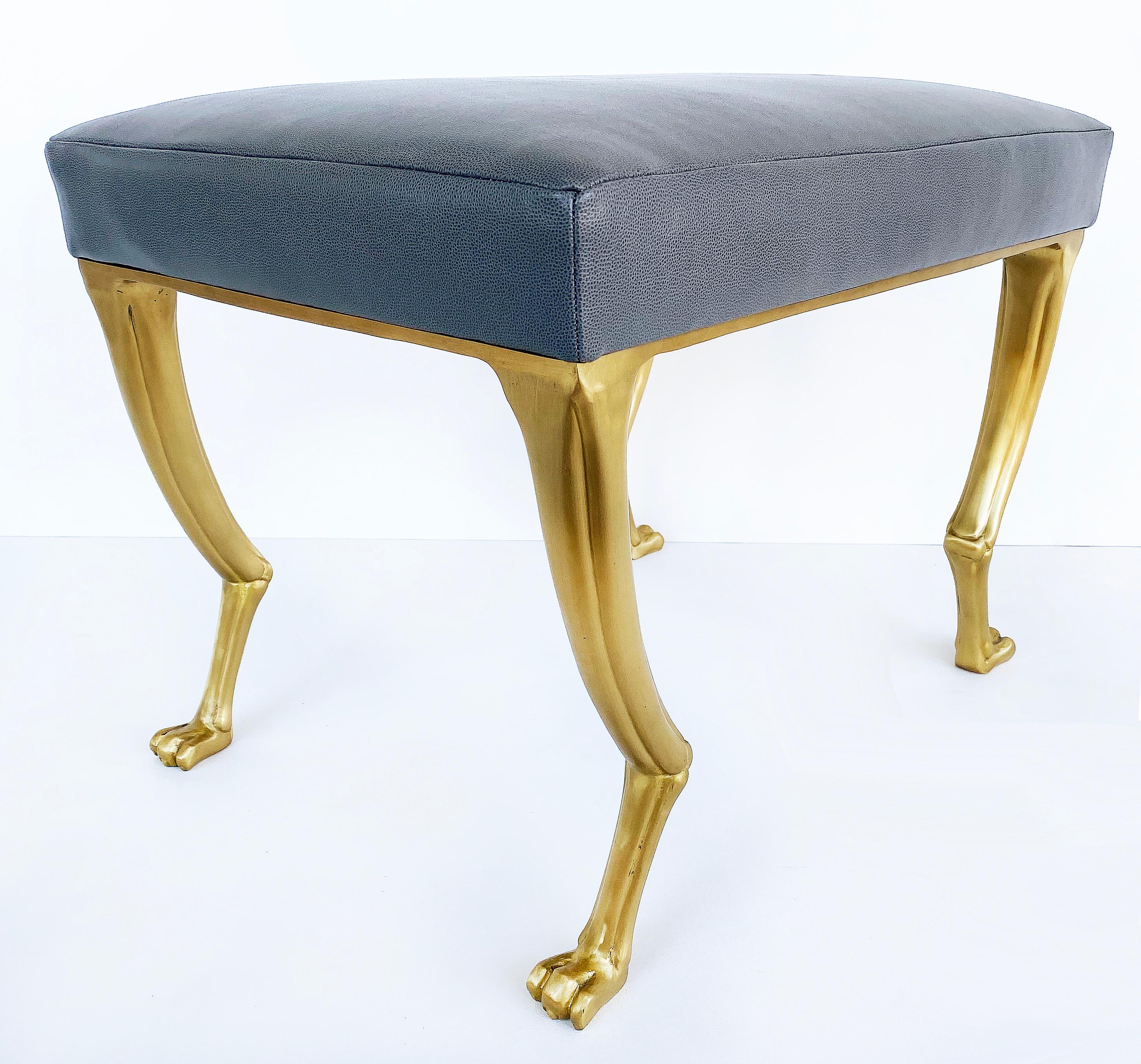 Ironies cast gilt bronze pantieres bench with paw feet and animal legs

Offered for sale is an elegant gilt-bronze Pantieres Bench created with four animal legs and paw feet. The substantial bench is upholstered in an unusual leather patterned