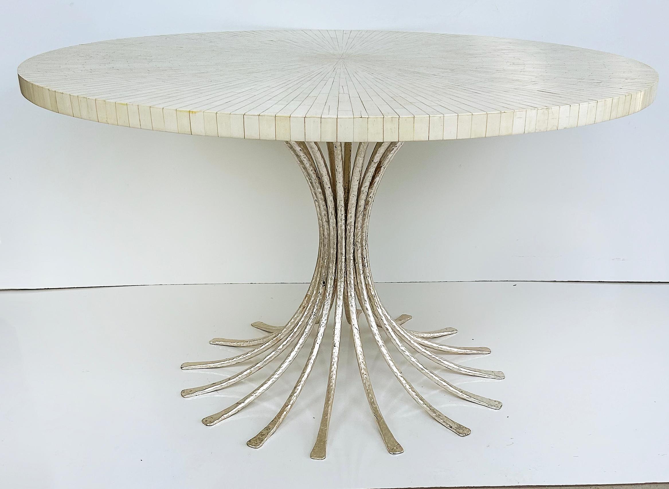 Modern Ironies Tessellated Bone Sunburst Top Dining Table with Silver Gilt Metal Base For Sale