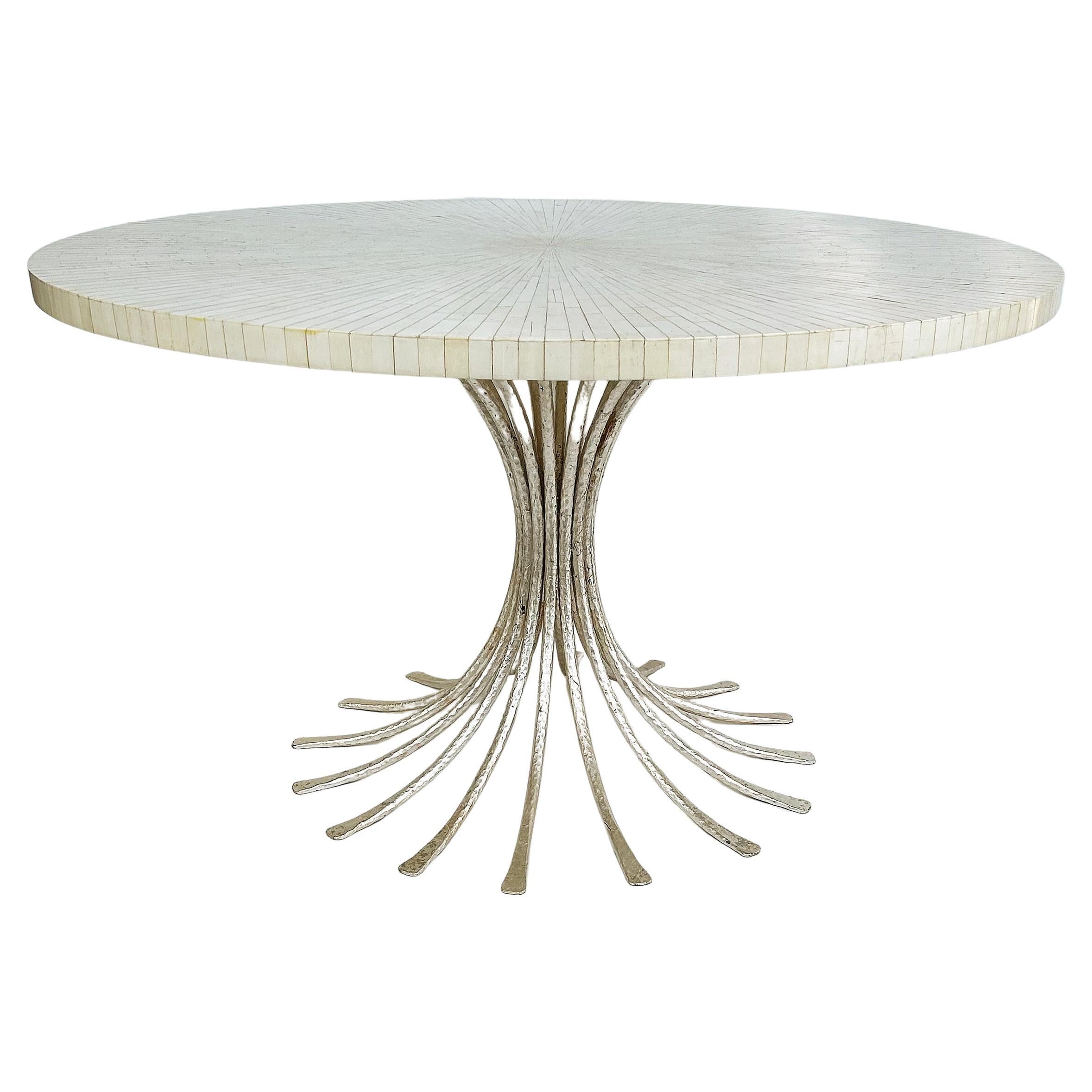 Ironies Tessellated Bone Sunburst Top Dining Table with Silver Gilt Metal Base For Sale