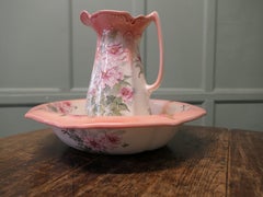 Ironstone Pitcher and Bowl Hand Painted, Pink Roses