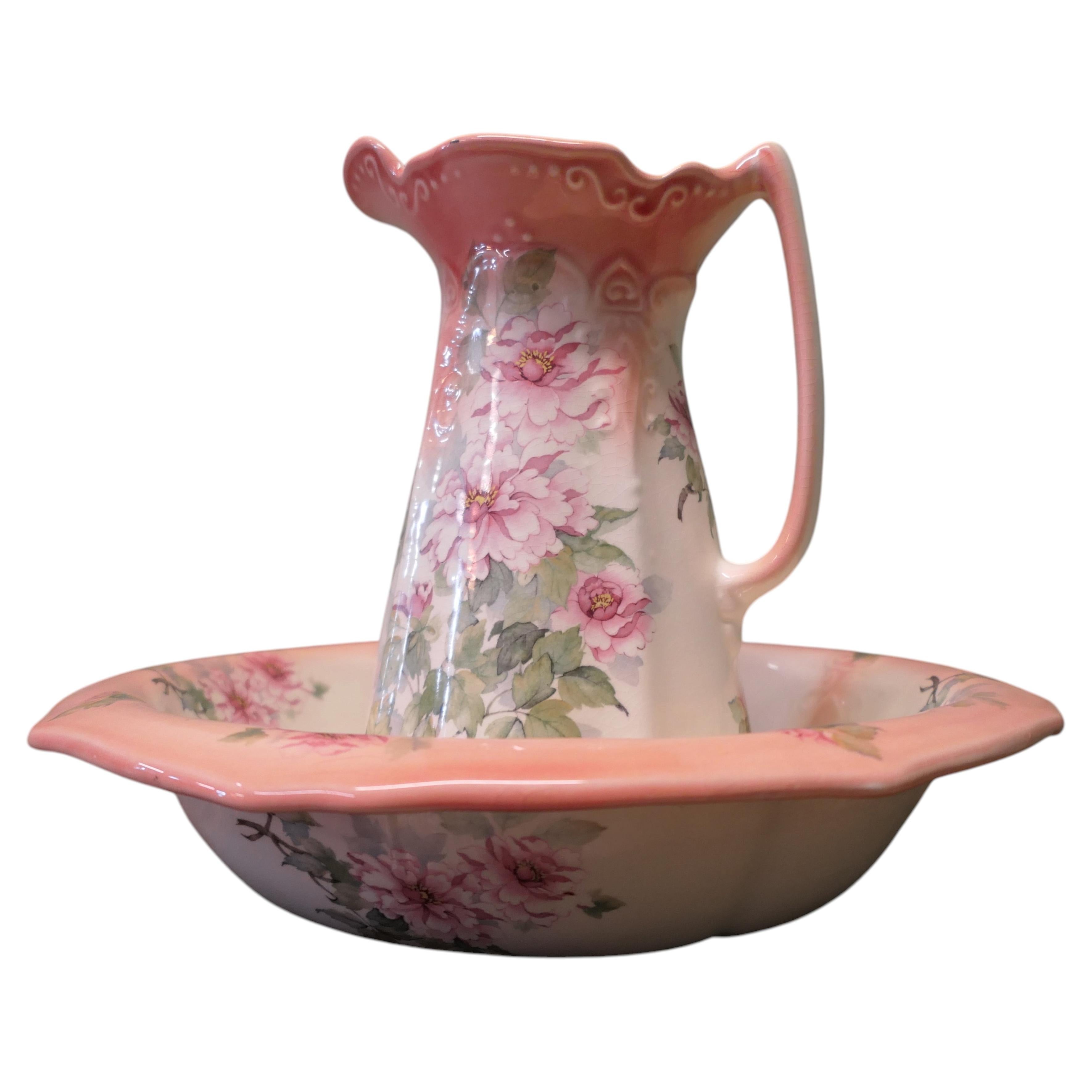 Ironstone Pitcher and Bowl Hand Painted, Pink Roses