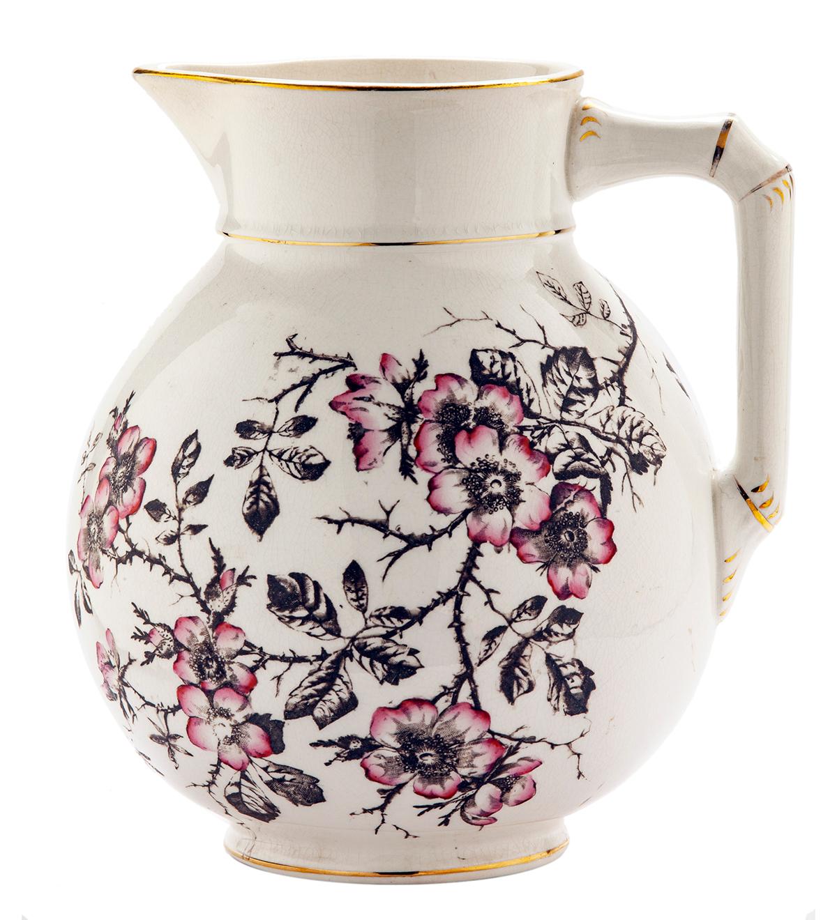 English Ironstone Pitcher with Pink Roses on Brown Branches For Sale