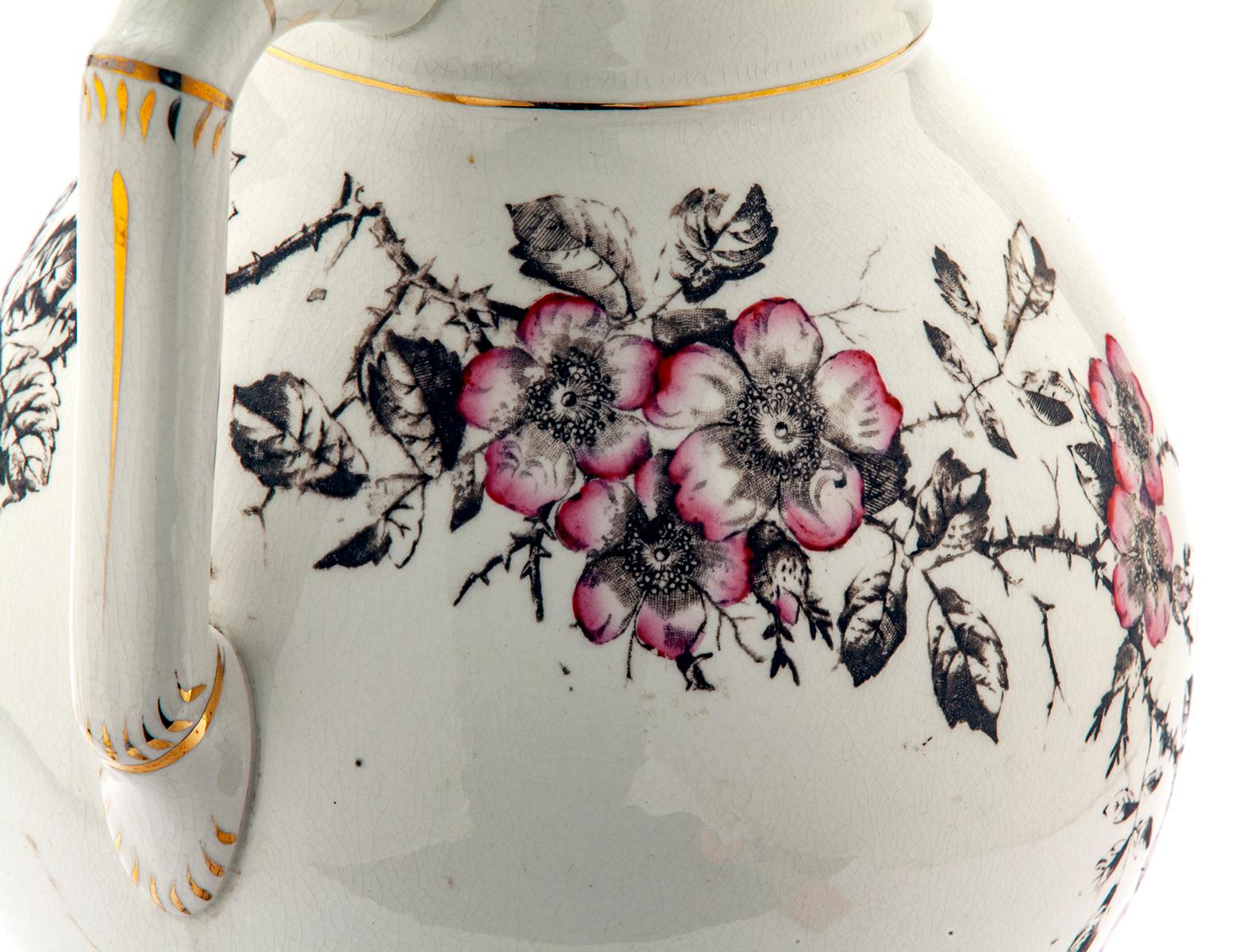 19th Century Ironstone Pitcher with Pink Roses on Brown Branches For Sale
