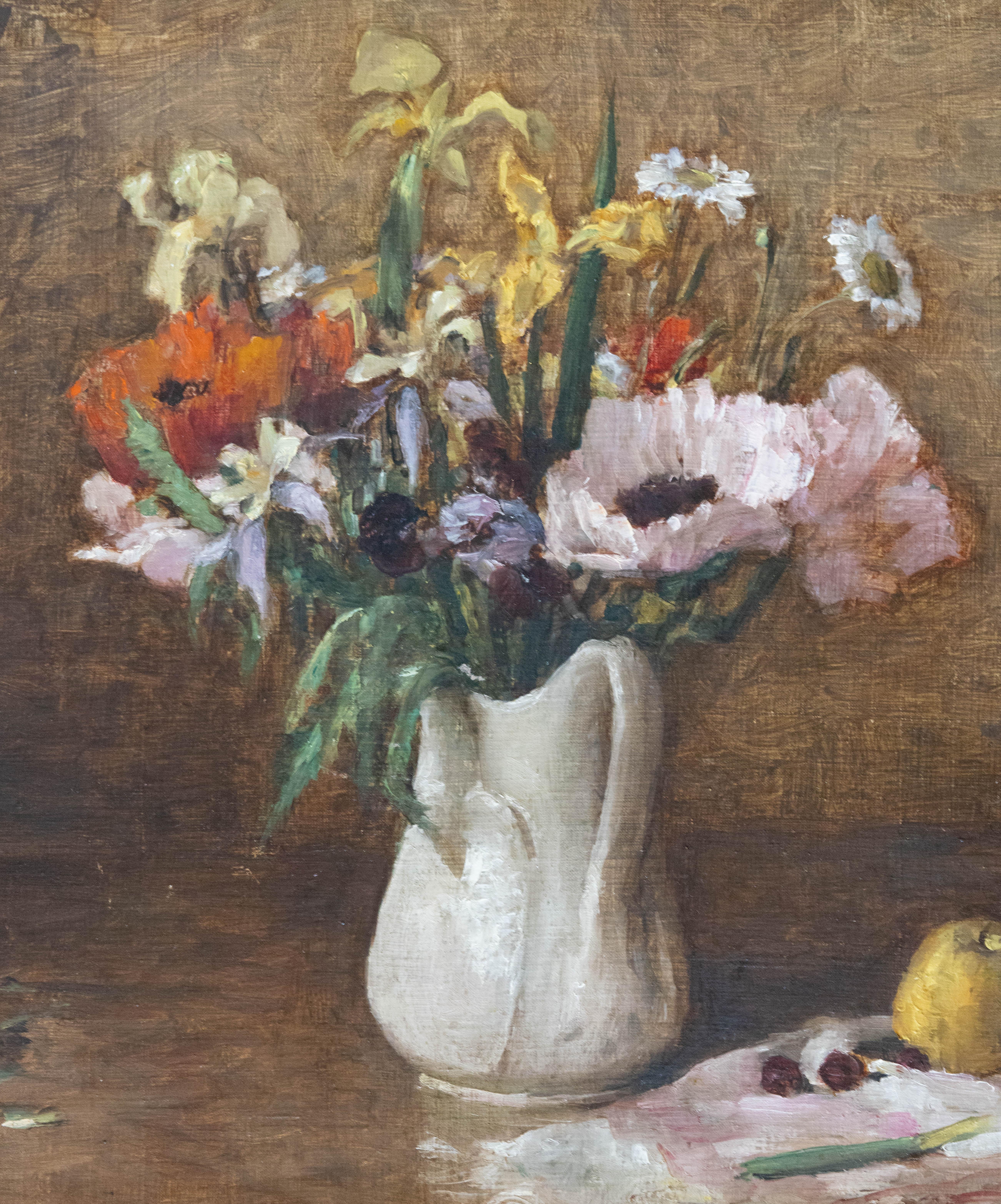 Wonderfully romantic still life with poppies, daffodils, and daisies set within an ironstone pitcher. Pears to the side. Signed illegibly upper left.