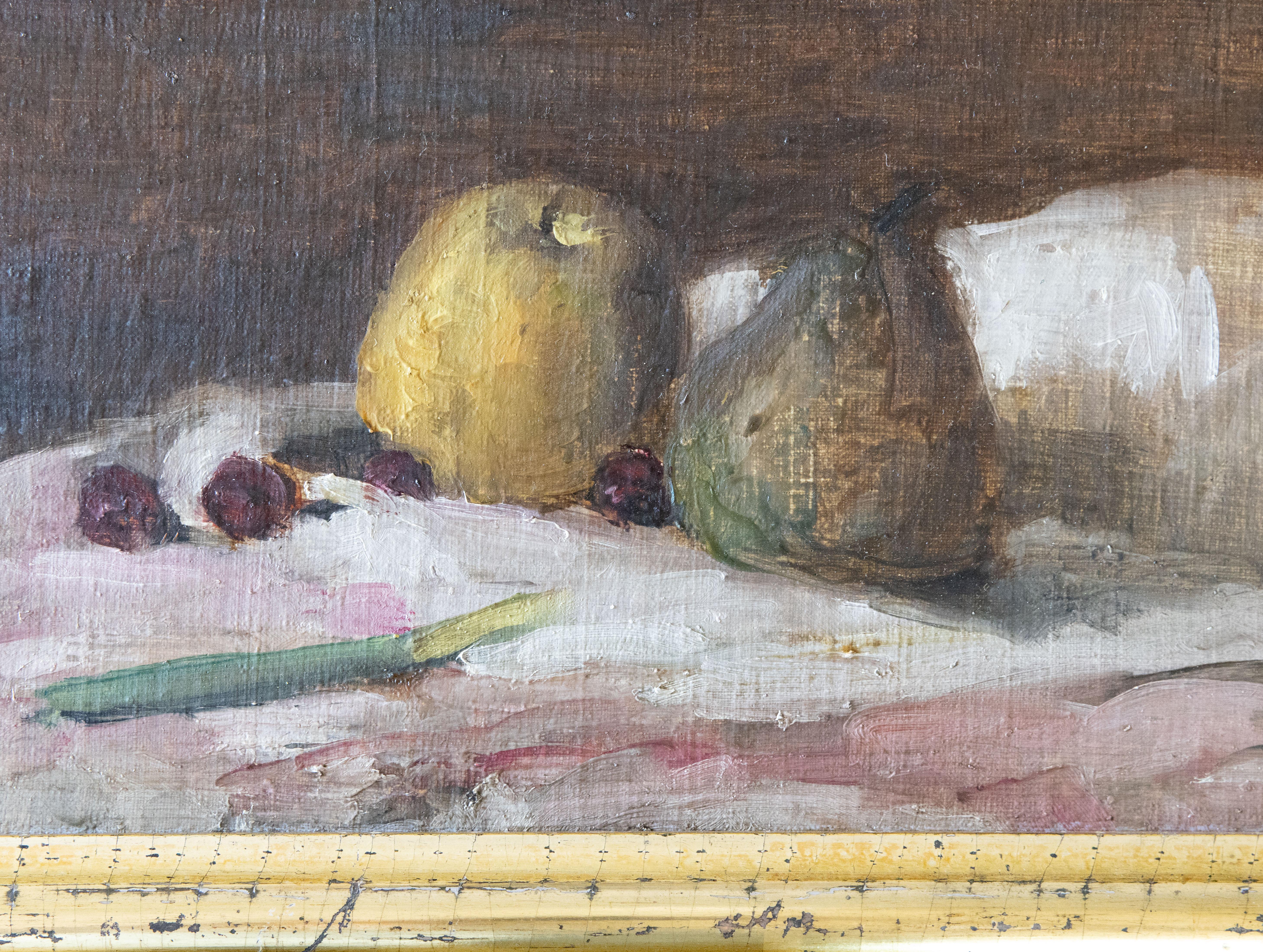 French Ironstone Vase with Poppies, Pears - Still Life, Oil on Canvas For Sale