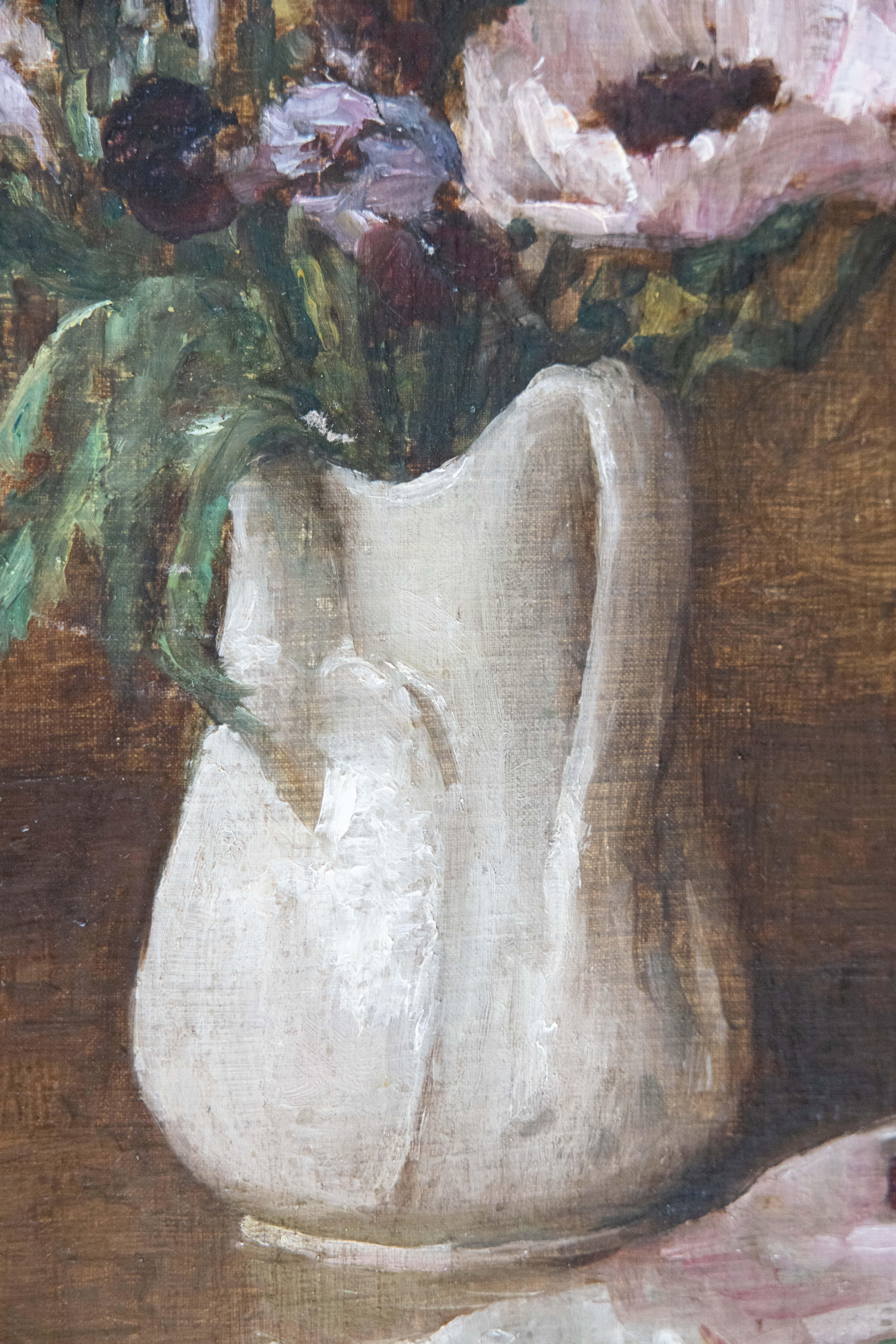 20th Century Ironstone Vase with Poppies, Pears - Still Life, Oil on Canvas For Sale