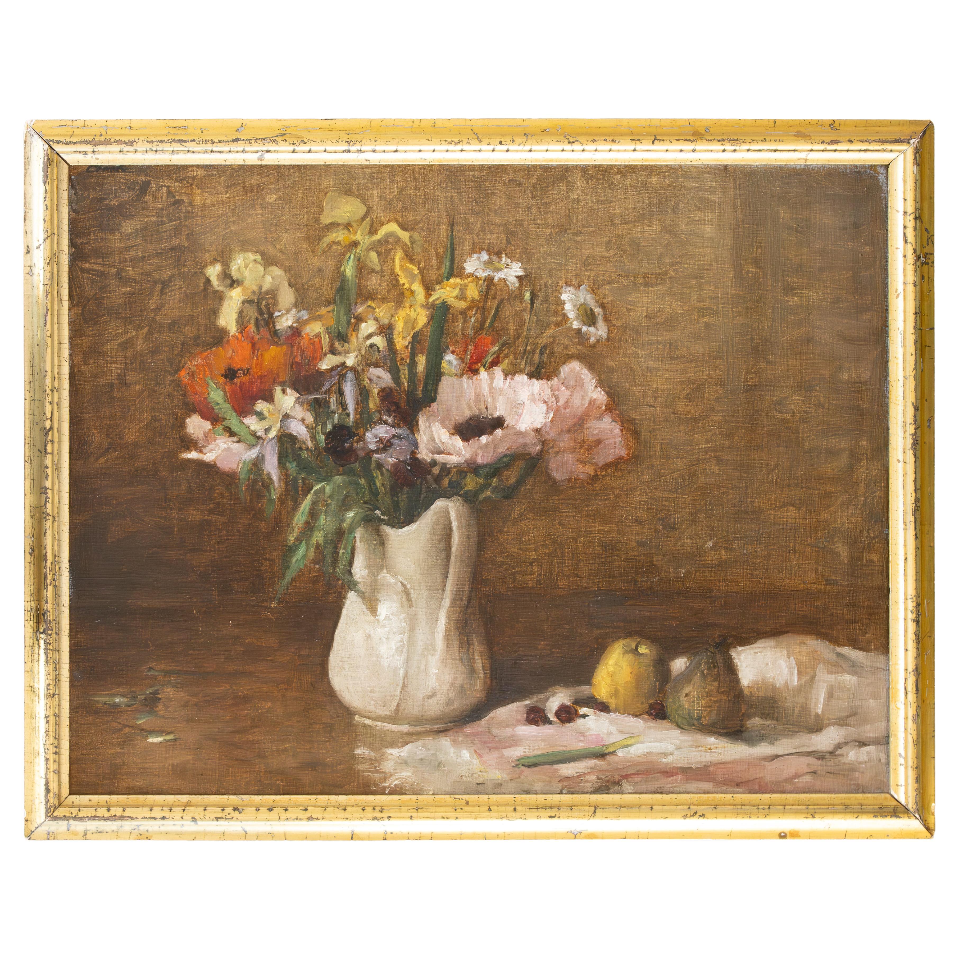 Ironstone Vase with Poppies, Pears - Still Life, Oil on Canvas For Sale