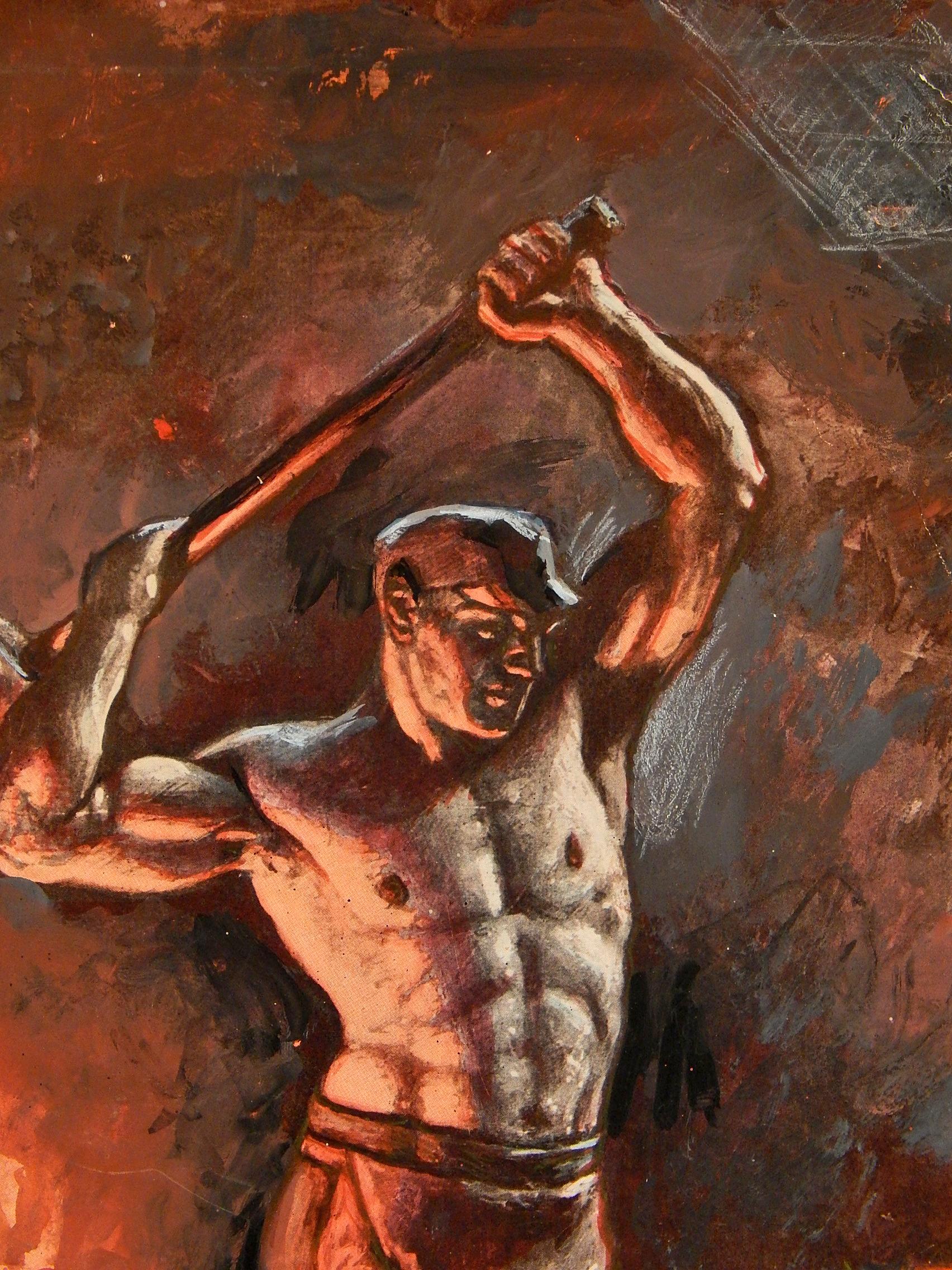 This striking idealization of the American worker, glowing with deep reds and oranges from the molten iron in the scene, is a sketch by John Garth for an oil painting he executed in 1925, one of several by the artist that depicted industrial workers