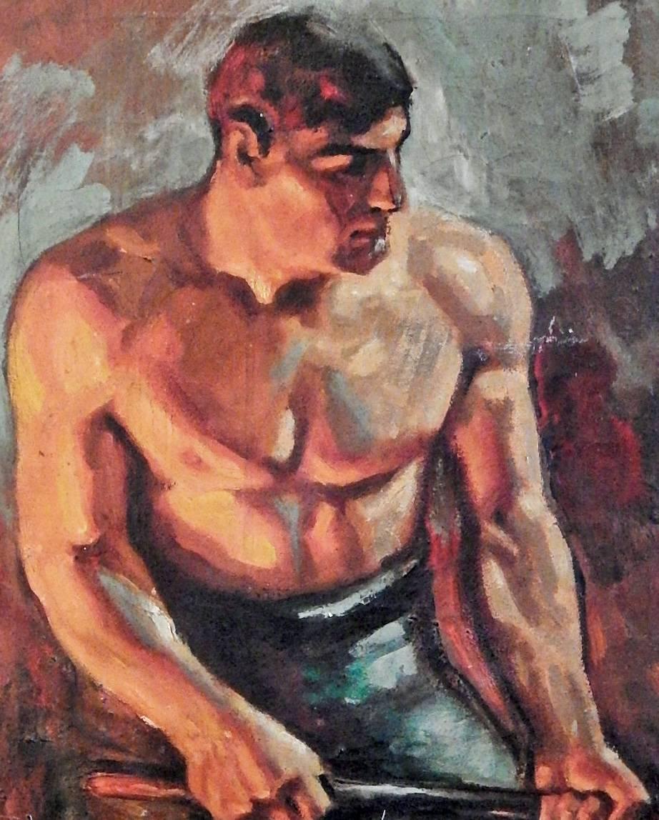 This important and stunning example of WPA-era idealization of the American worker, glowing from molten iron nearby, was executed by John Garth in the 1930s, one of several paintings by the artist that depicted industrial workers in that period.