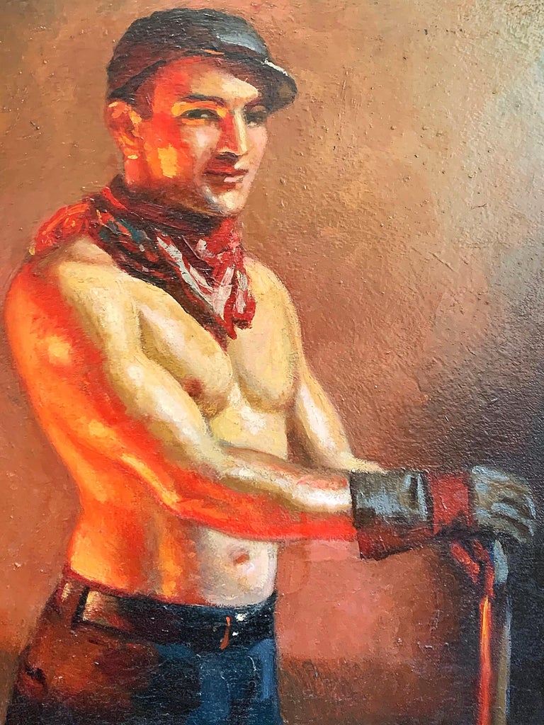 Ruddy from the heat and red glow of a nearby iron furnace, this portrait of an iron worker is one of a rare group of laborer portraits painted by John Garth (1889-1971) in the 1920s. His other paintings depict generic workers, but in this case the