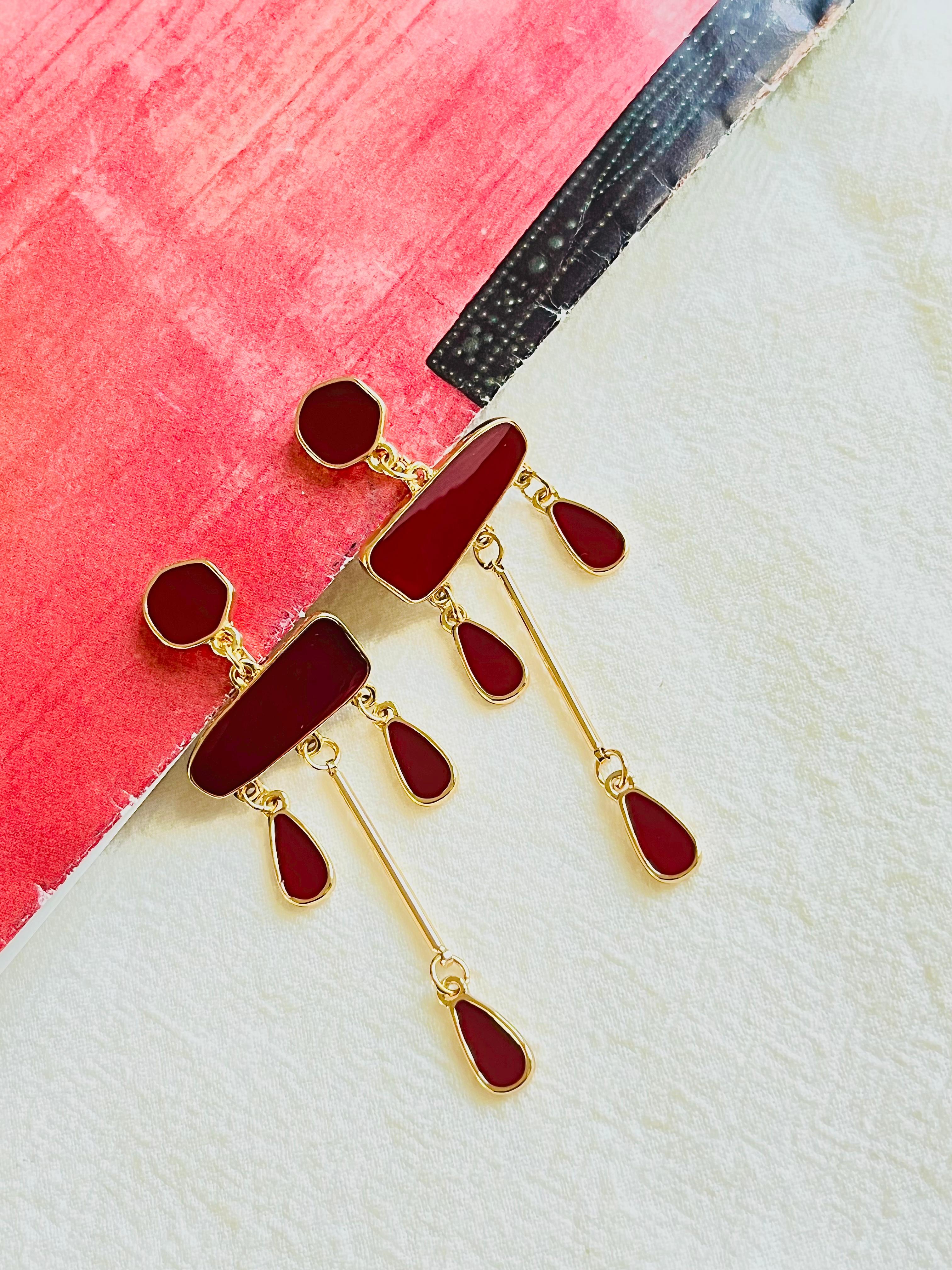 Art Deco Irregular Burgundy Red Enamel Chandelier Tassel Water Drop Gold Clip Earrings  For Sale