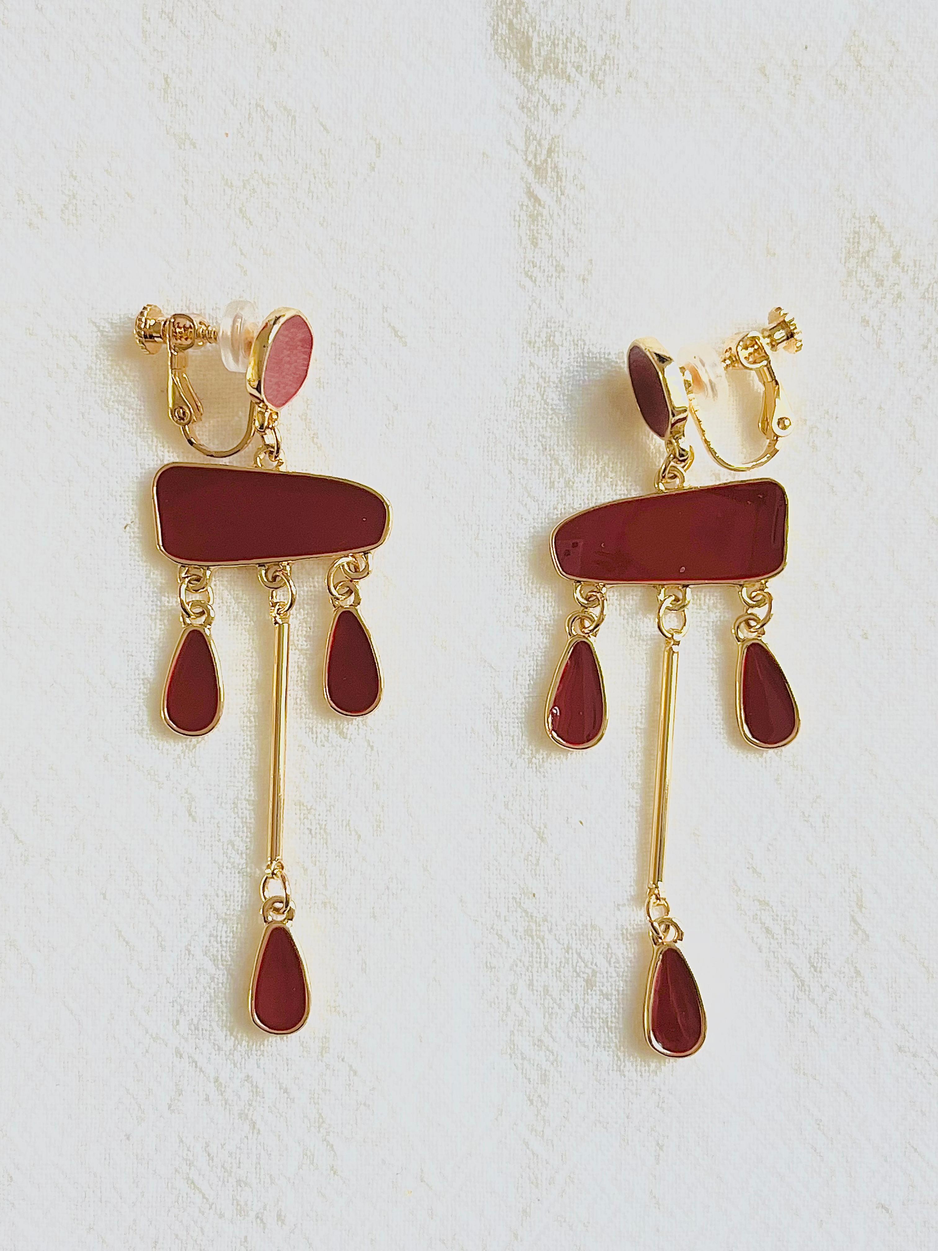 Irregular Burgundy Red Enamel Chandelier Tassel Water Drop Gold Clip Earrings For Sale 1