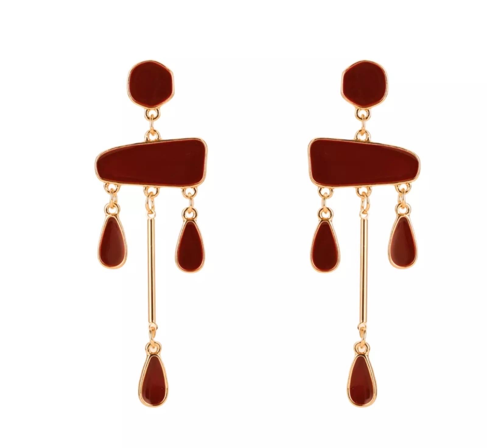 Irregular Burgundy Red Enamel Chandelier Tassel Water Drop Gold Clip Earrings For Sale 2