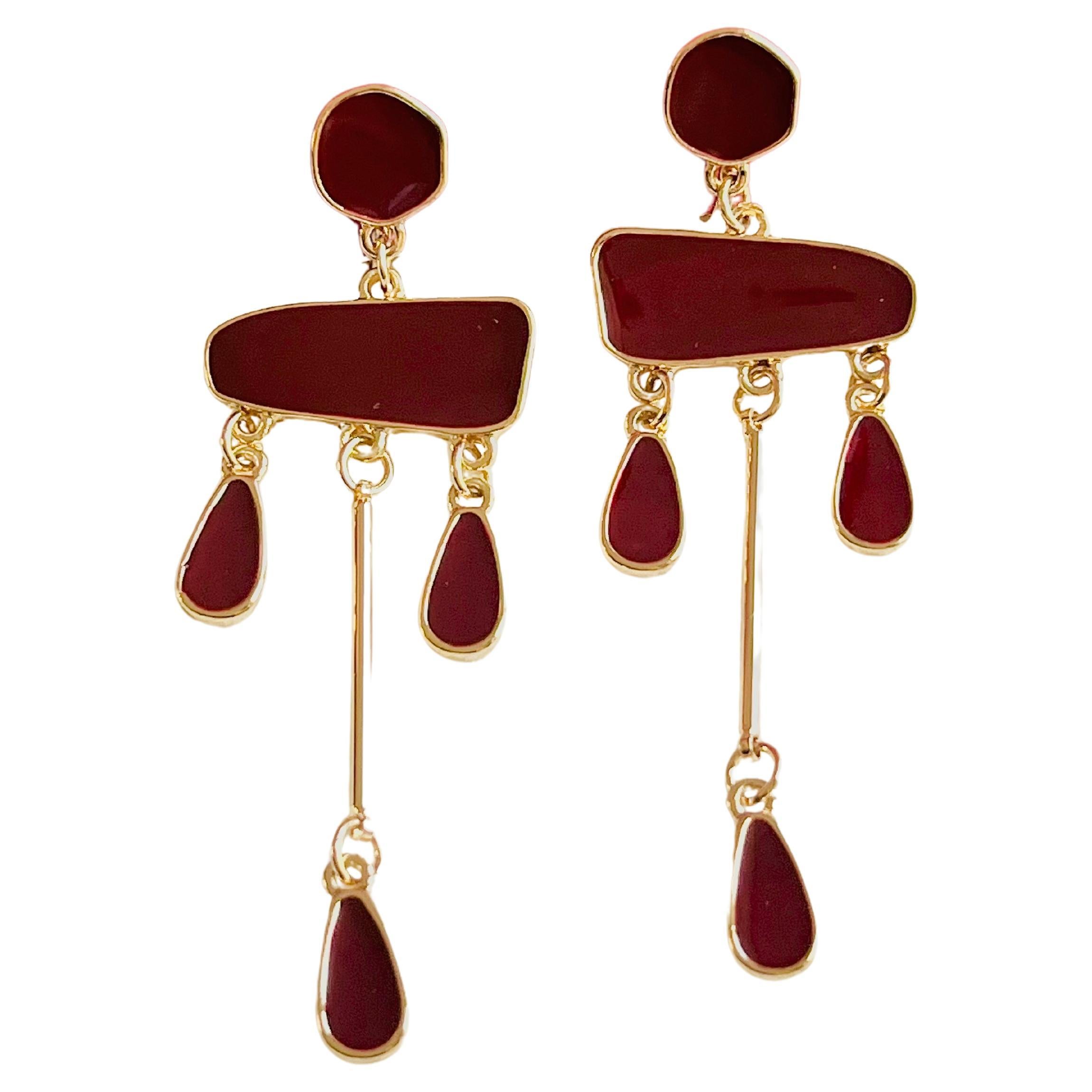 Irregular Burgundy Red Enamel Chandelier Tassel Water Drop Gold Clip Earrings For Sale 3