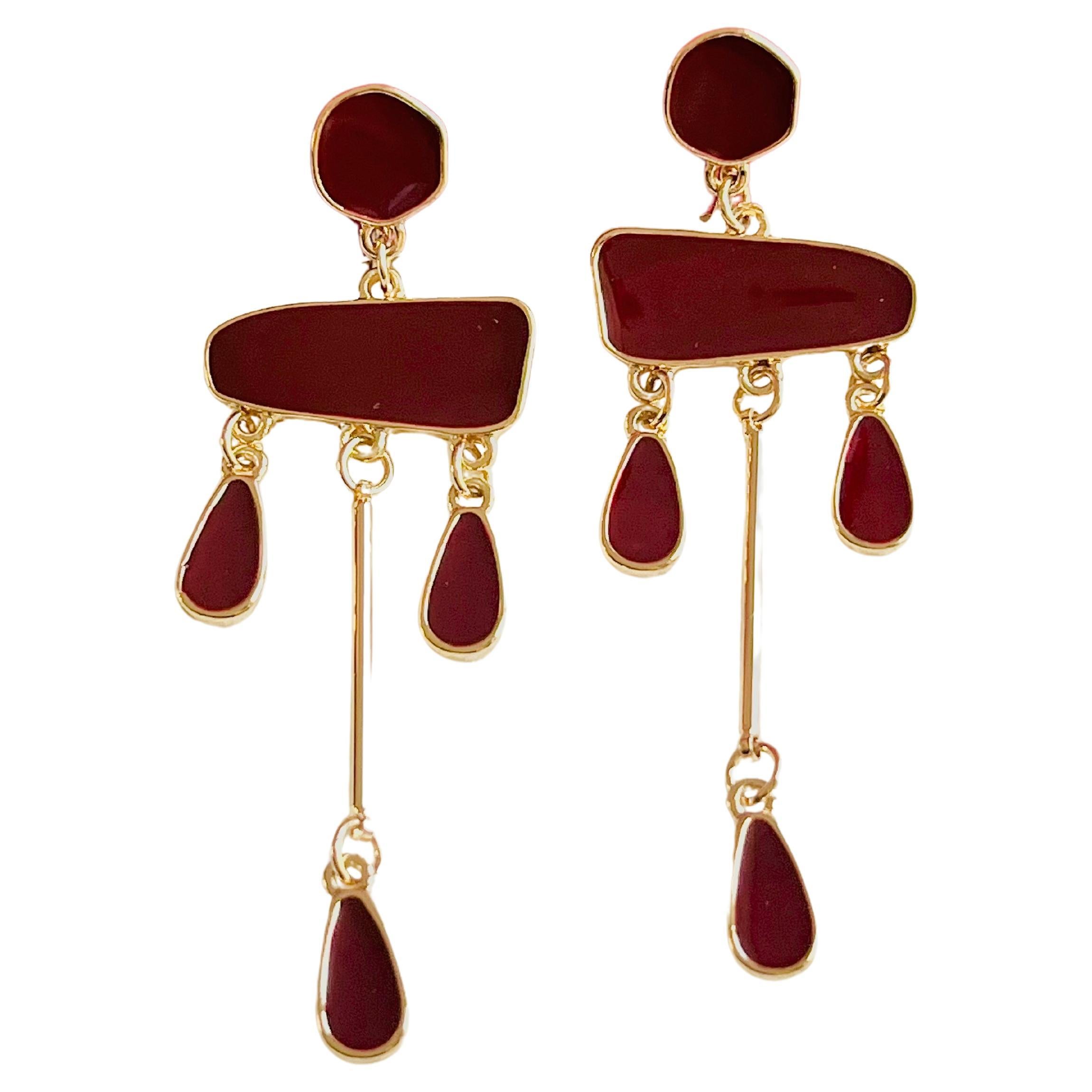 Irregular Burgundy Red Enamel Chandelier Tassel Water Drop Gold Clip Earrings  For Sale