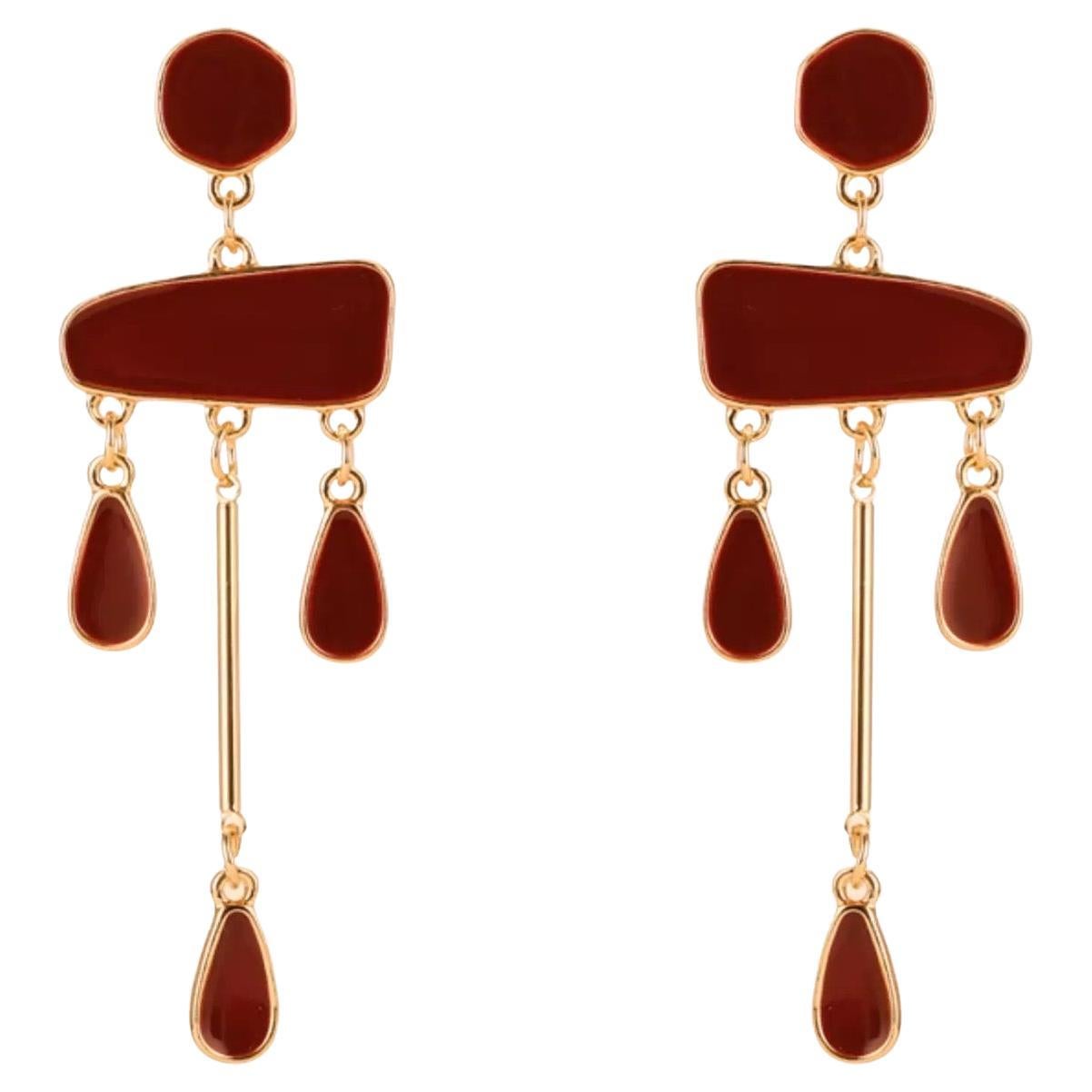 Irregular Burgundy Red Enamel Chandelier Tassel Water Drop Gold Clip Earrings For Sale