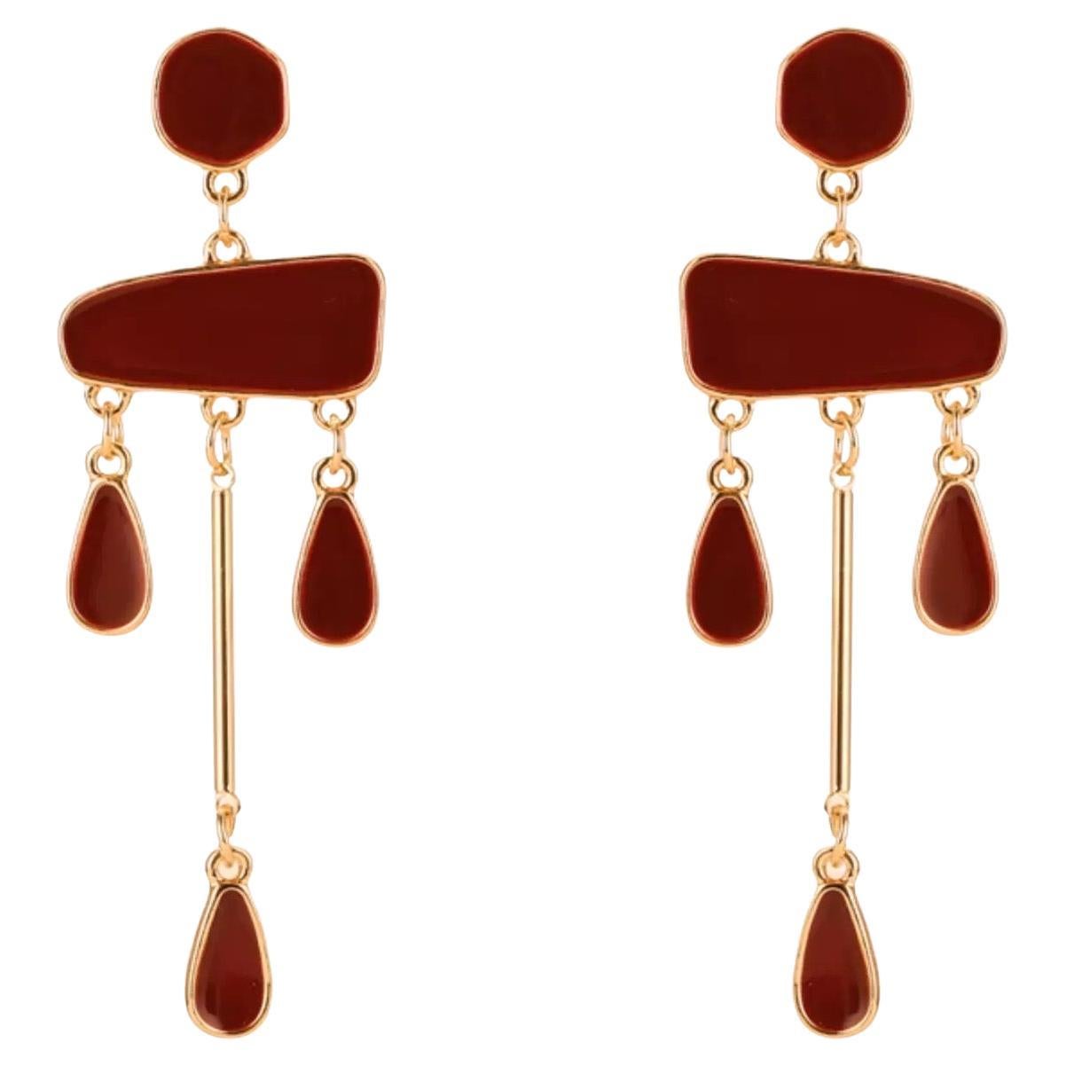 Irregular Burgundy Red Enamel Chandelier Tassel Water Drop Gold Clip Earrings in vendita