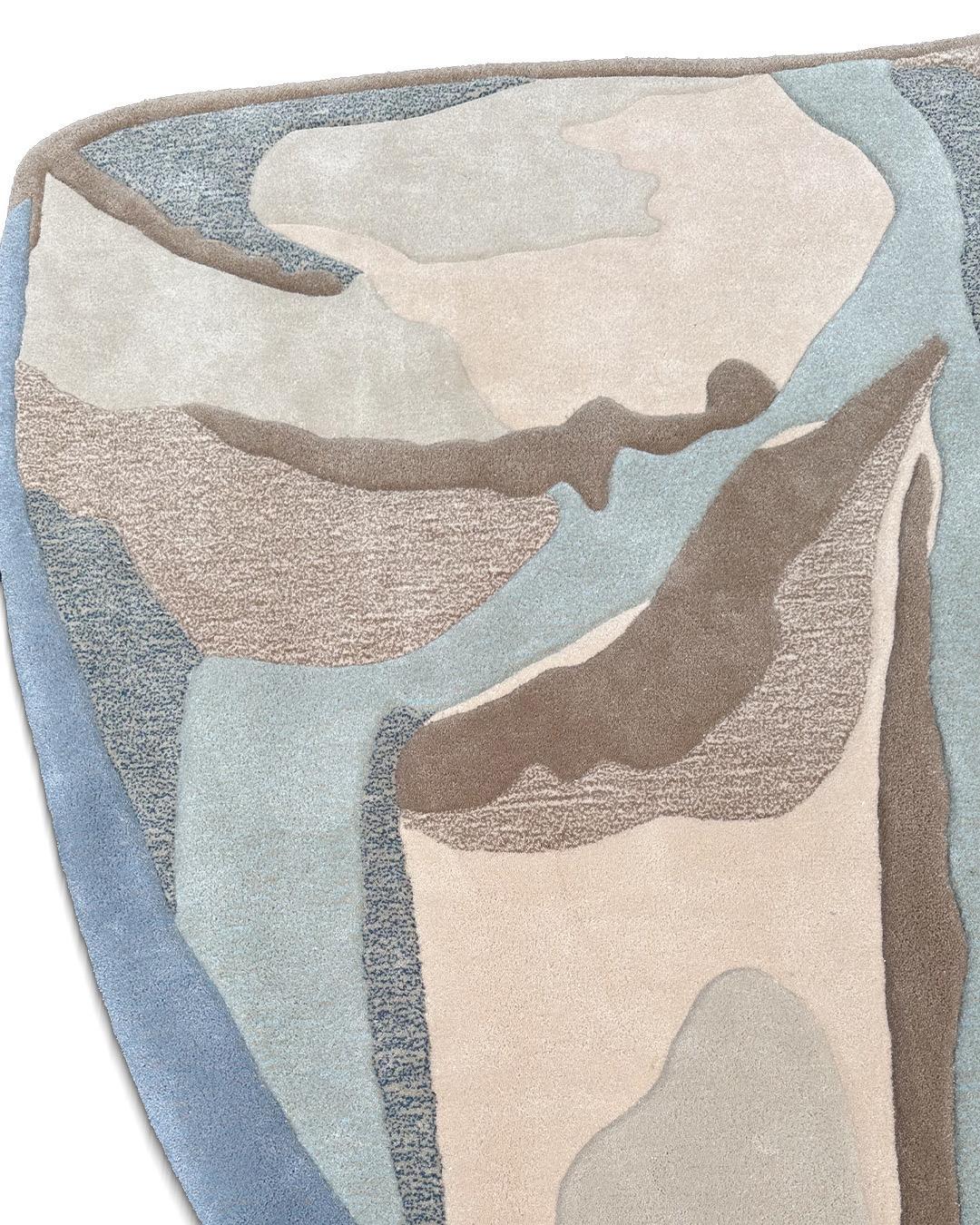 Modern Irregular Shape Abstract Blue Handtufted Rug 'Frozen Land' by RAG HOME For Sale