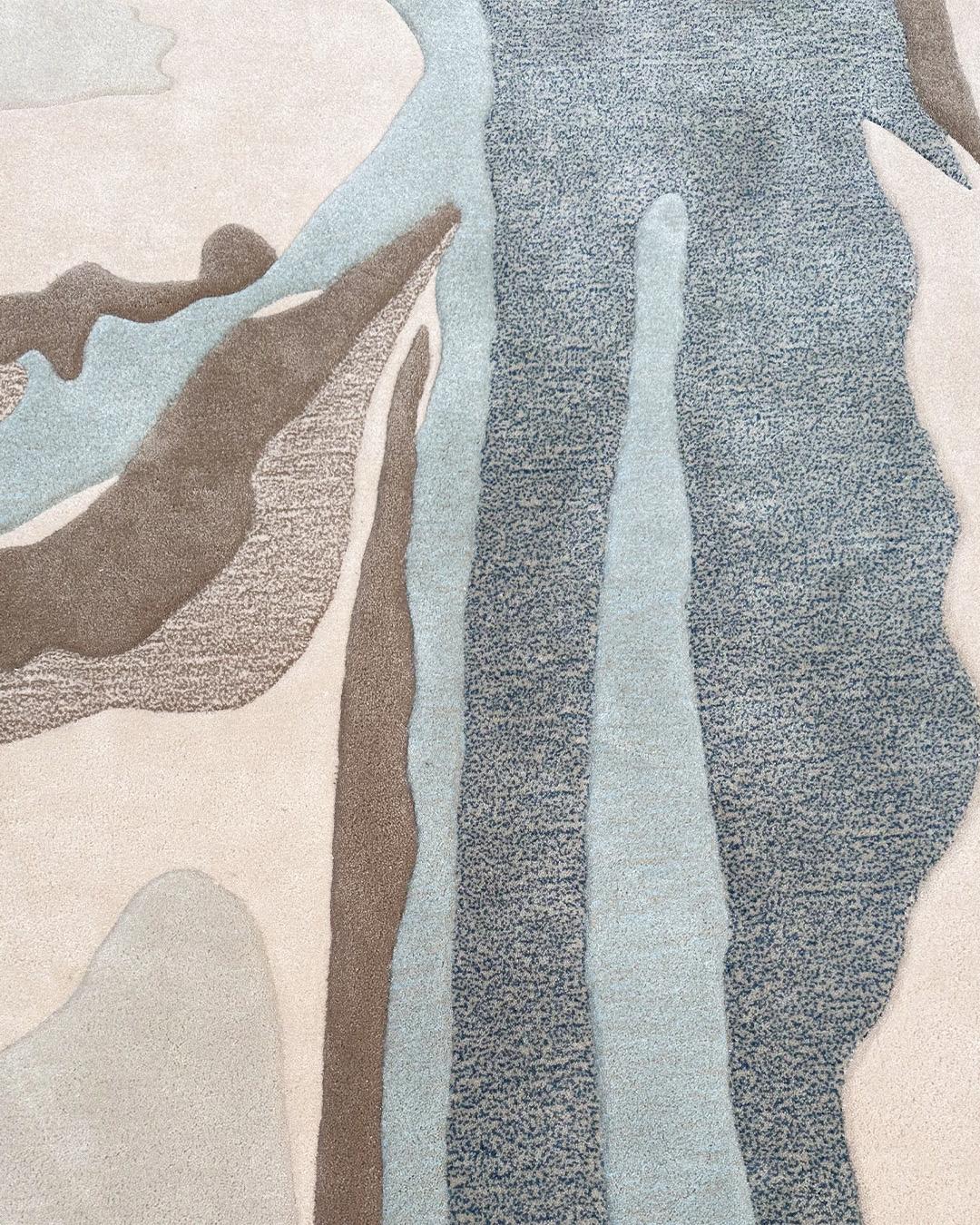 Hand-Carved Irregular Shape Abstract Blue Handtufted Rug 'Frozen Land' by RAG HOME For Sale