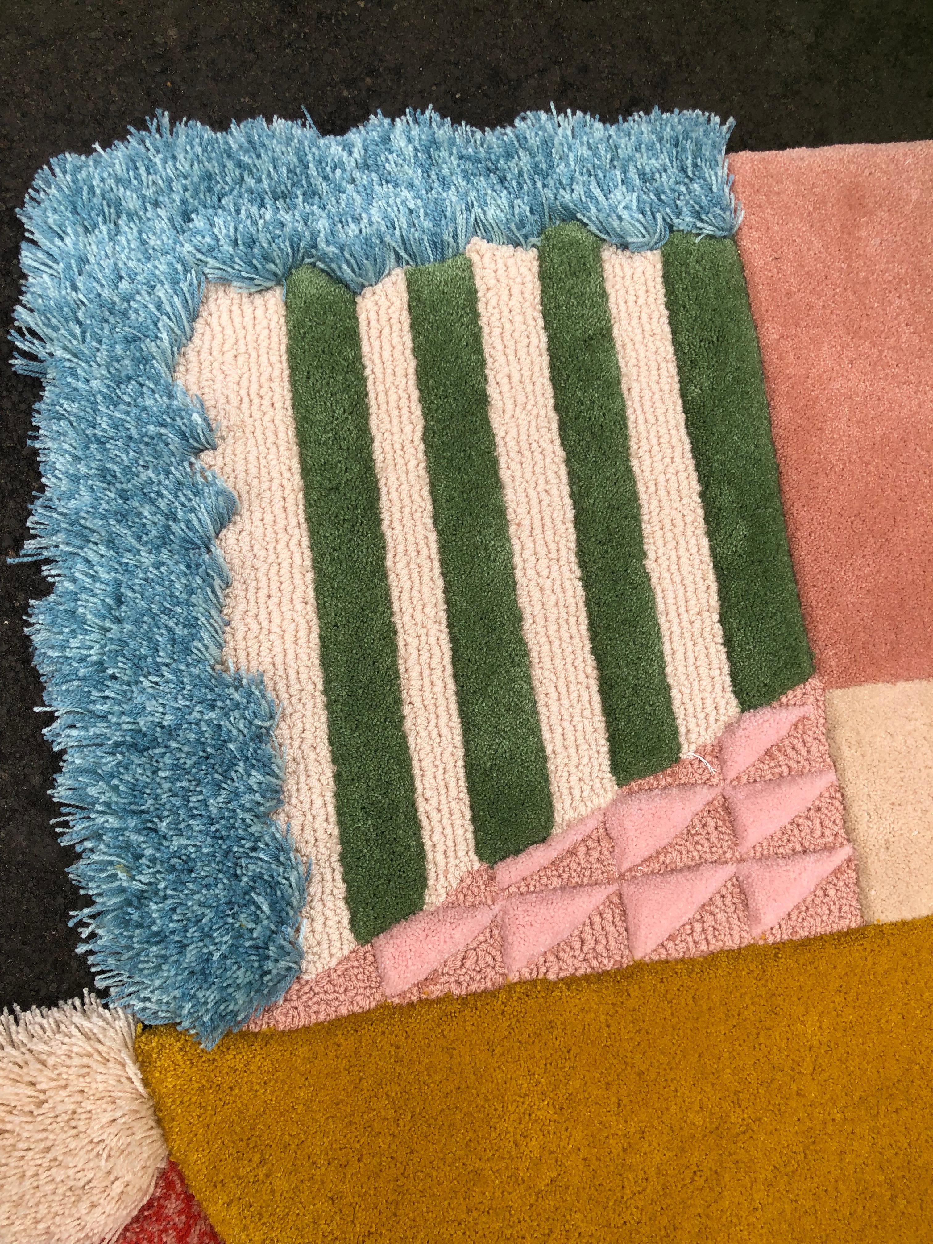 Contemporary Irregular Shape Viscose Wool Rug Pink Blush, Blue, Green 'IRO-IRO' by Rag Home For Sale