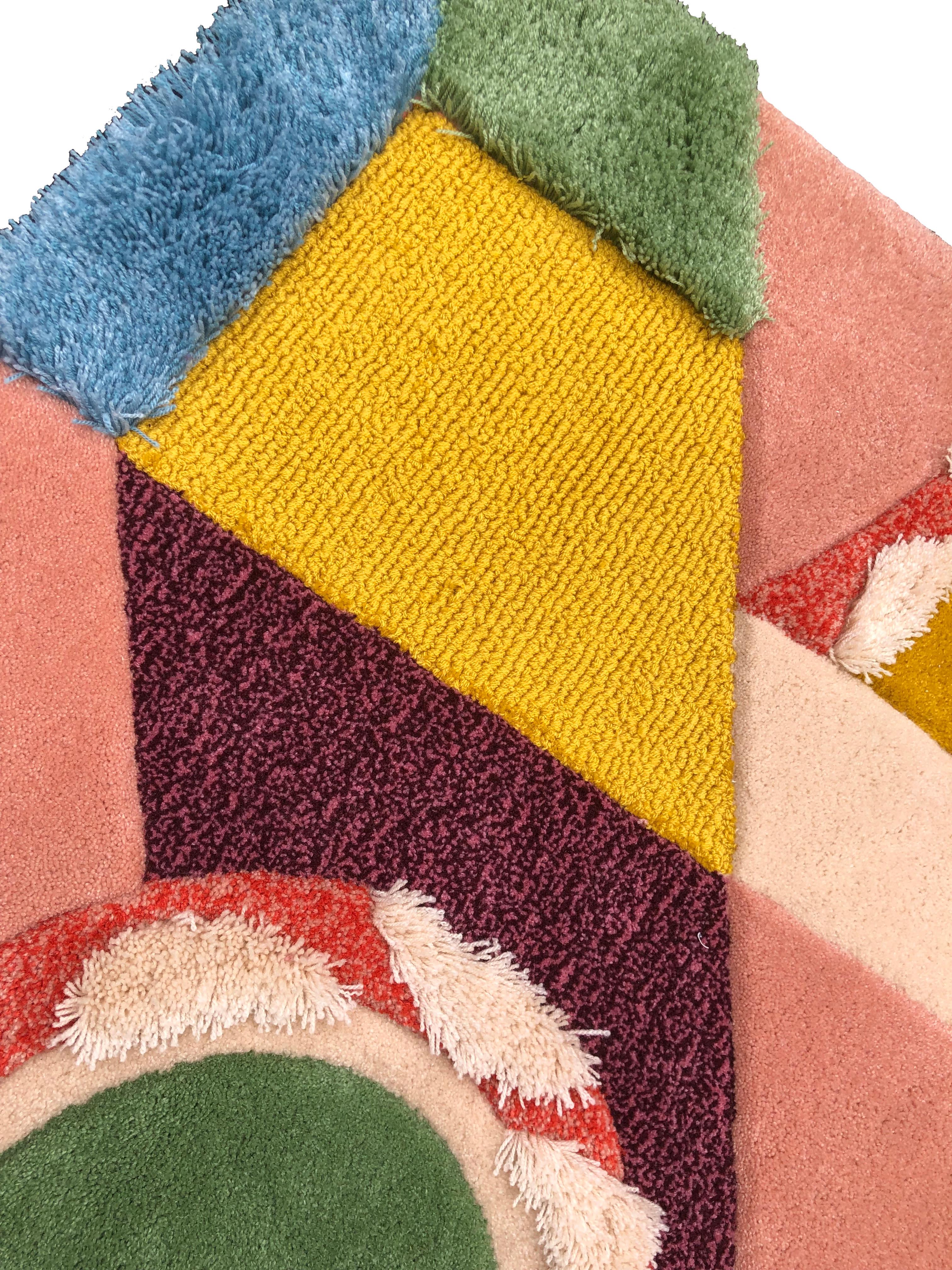 Irregular Shape Viscose Wool Rug Pink Blush, Blue, Green 'IRO-IRO' by Rag Home For Sale 1