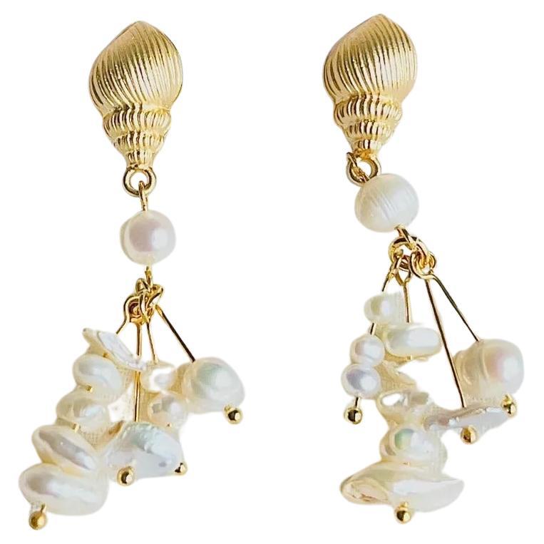 Irregular White Pearls Cluster Beads Tassel Conch Shell Drop Gold Clip Earrings For Sale
