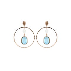 Sky Blue Topaz, Moonstones and Diamonds Earrings - 18kt Gold