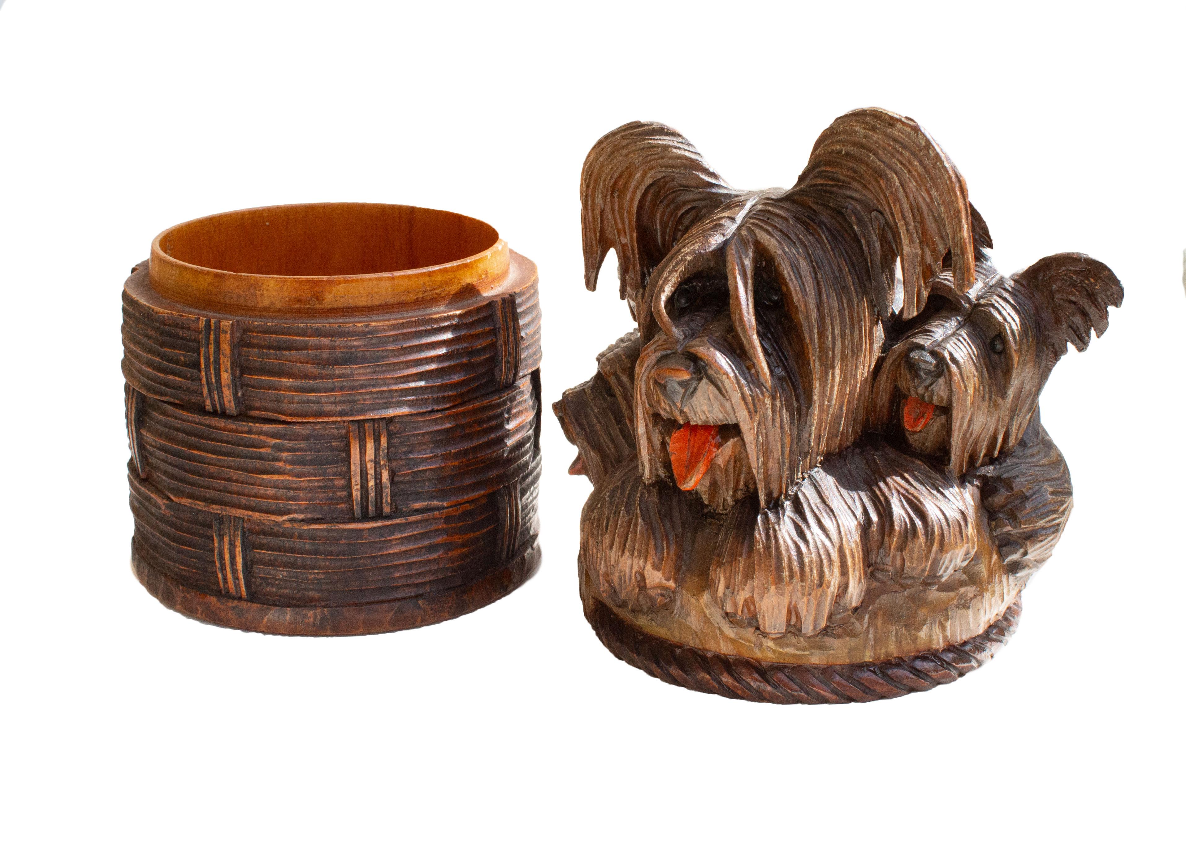 Irresistible Charm – Three Terriers in a Hand-Carved Wooden Treat Box For Sale 3