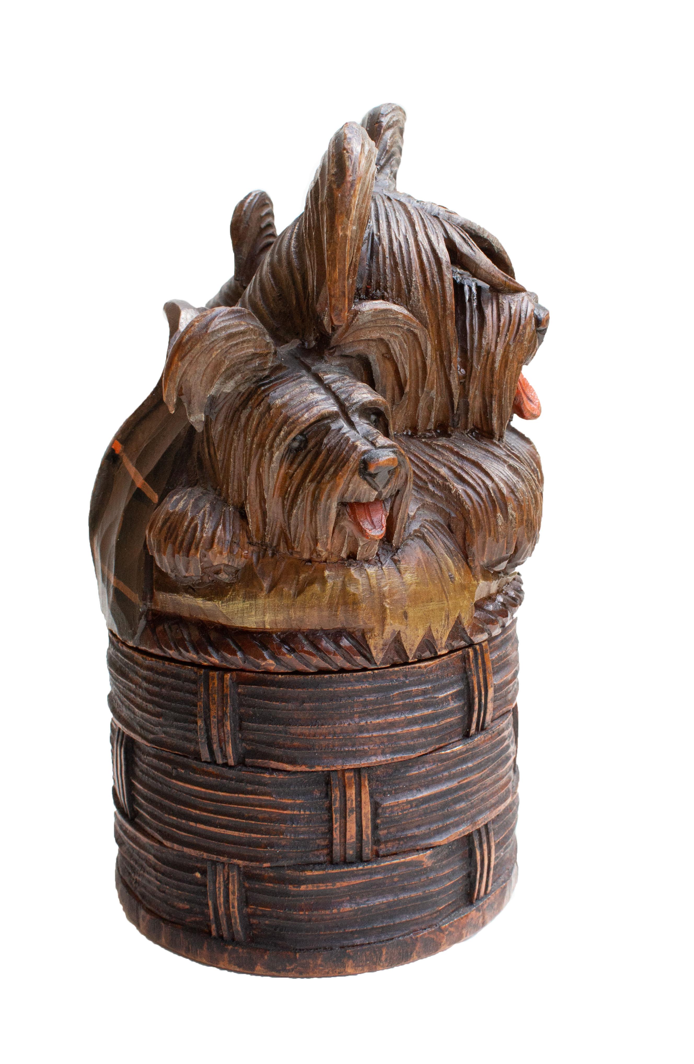 Bohemian Irresistible Charm – Three Terriers in a Hand-Carved Wooden Treat Box For Sale