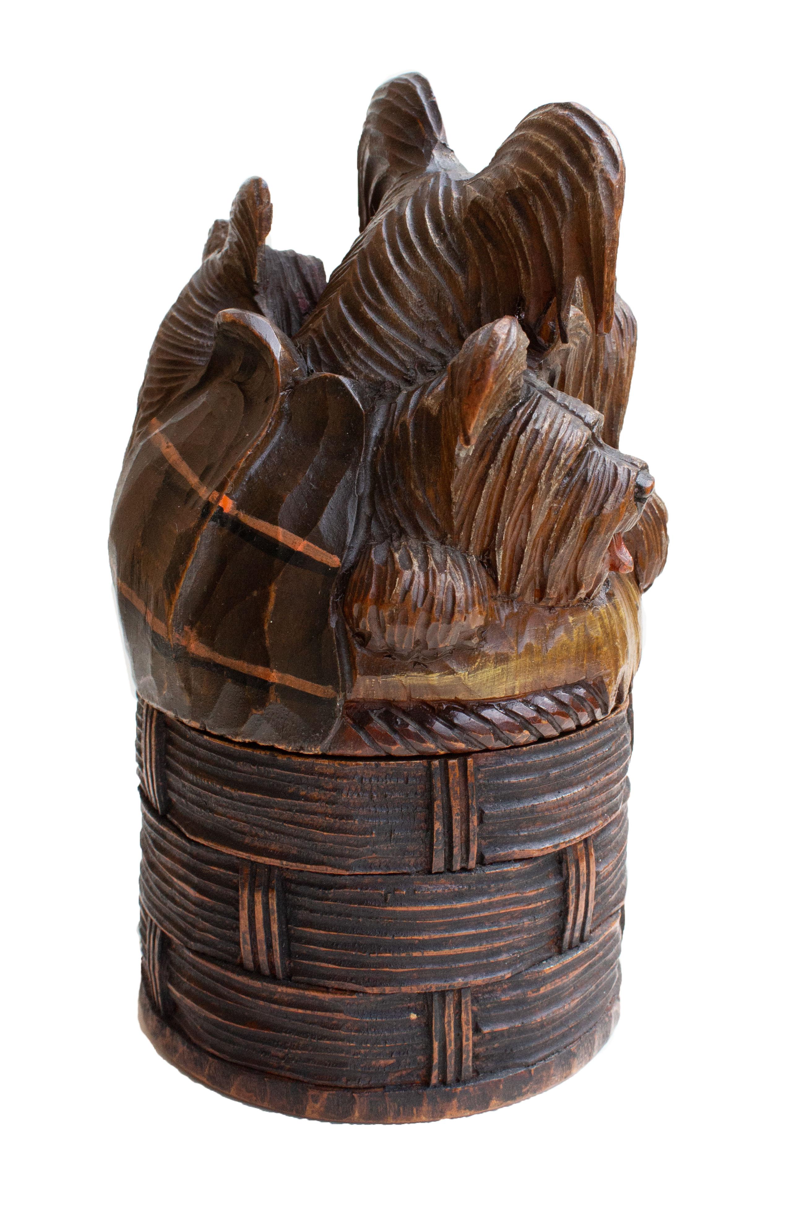 Swiss Irresistible Charm – Three Terriers in a Hand-Carved Wooden Treat Box For Sale