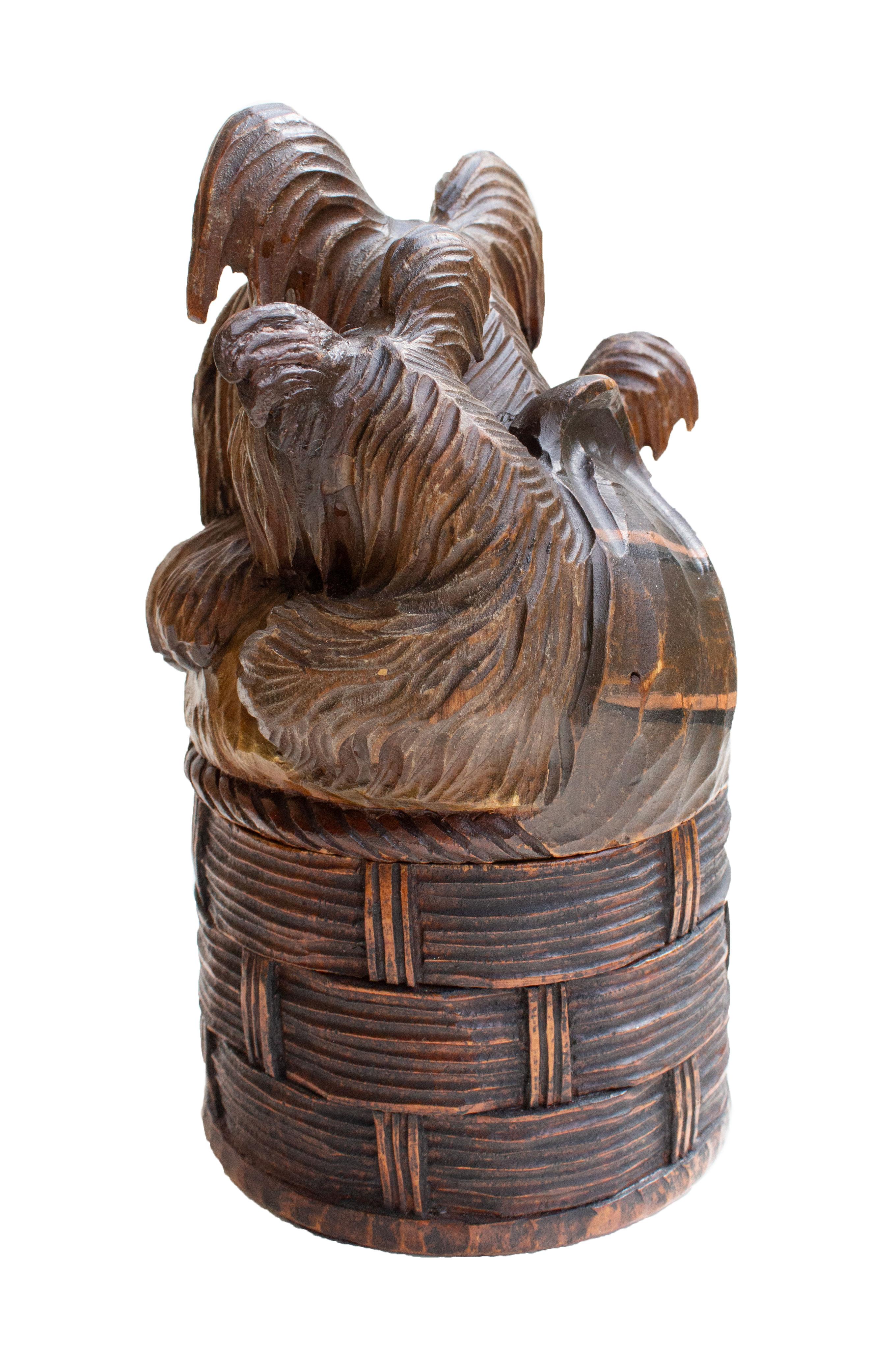 Early 20th Century Irresistible Charm – Three Terriers in a Hand-Carved Wooden Treat Box For Sale