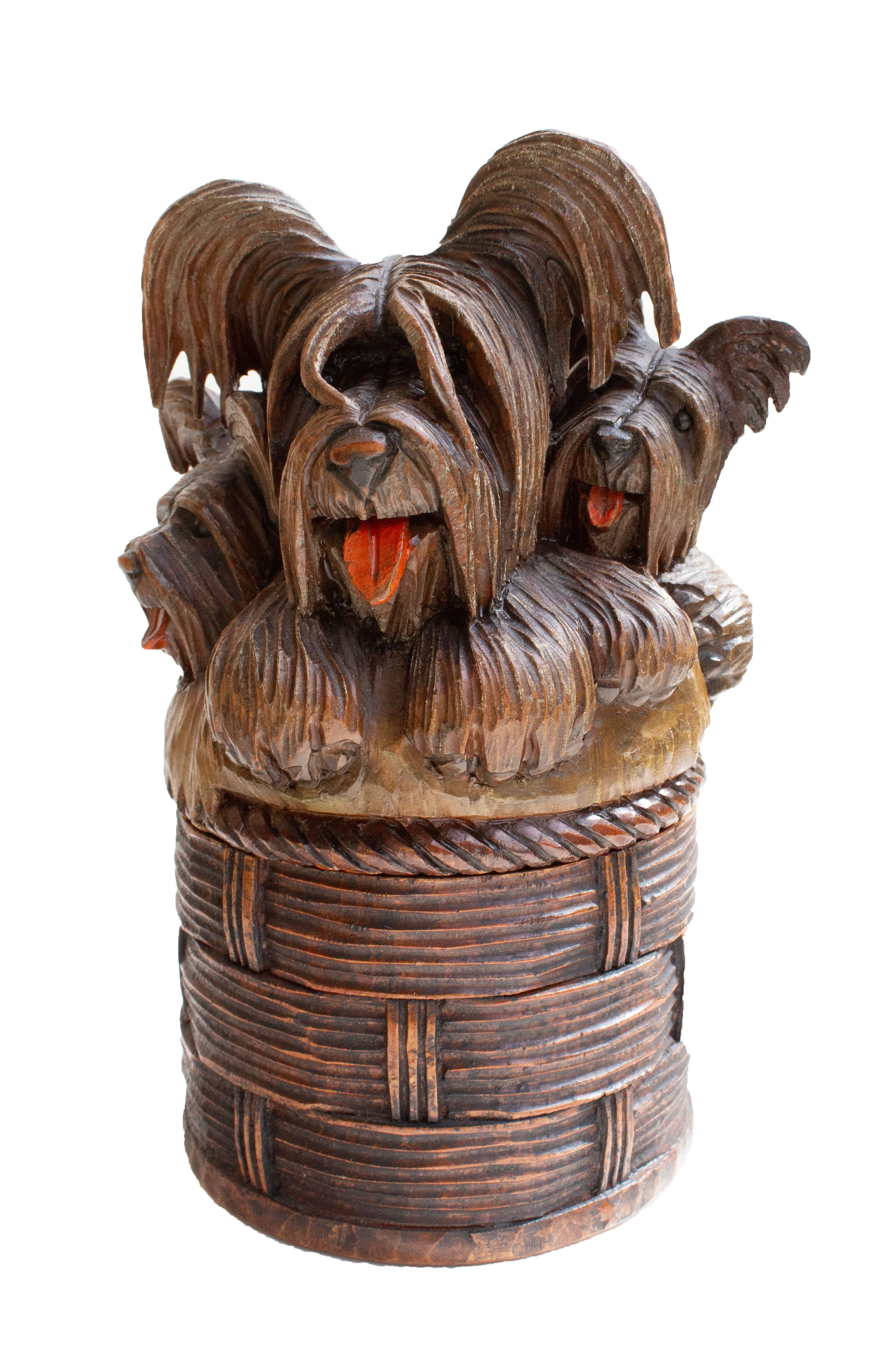 Irresistible Charm – Three Terriers in a Hand-Carved Wooden Treat Box For Sale 1