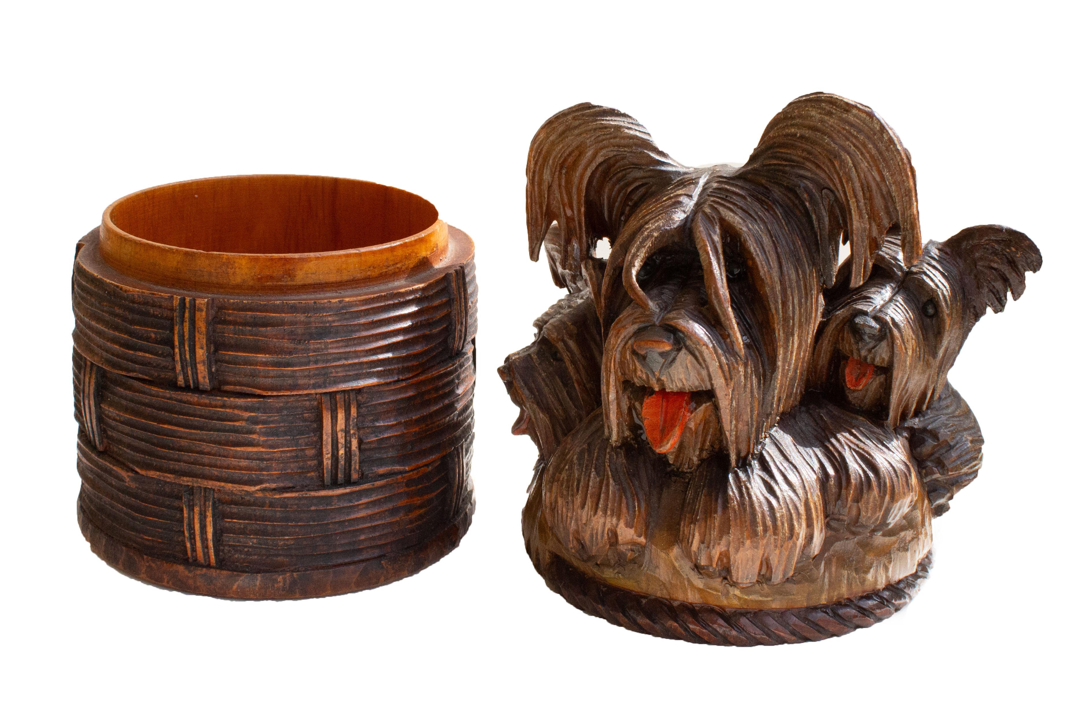 Irresistible Charm – Three Terriers in a Hand-Carved Wooden Treat Box For Sale 2